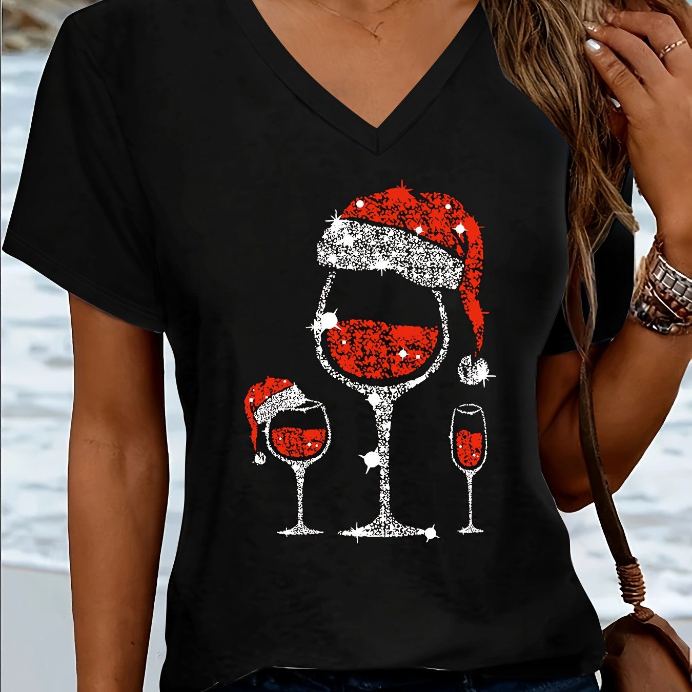 TEMU Plus Size - Plus Size - Plus Size Letter Print T-shirt, Short Sleeve V Neck Casual Top For Summer And Spring, Women's Plus Size Clothing