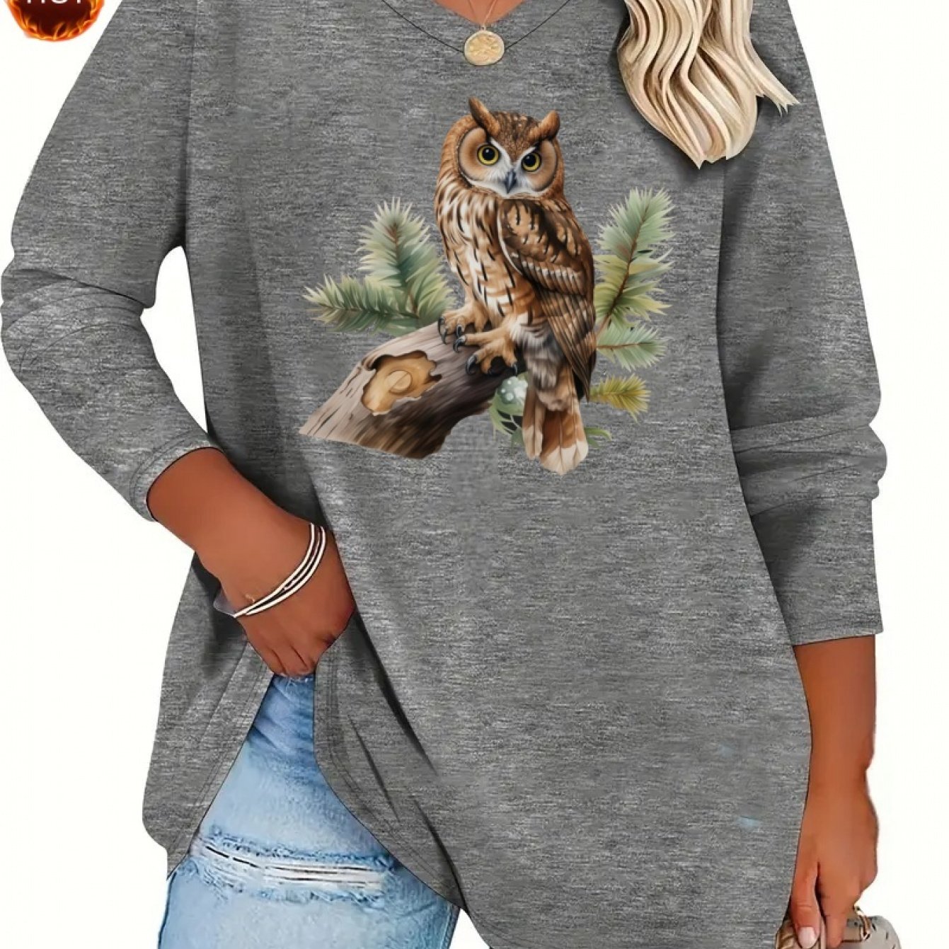 TEMU /summer Size Women's Casual Owl Print V-neck Loose Long Sleeve T-shirt, Suitable For Home, Outdoor, Travel, Breathable Wear, Plus Size Women's