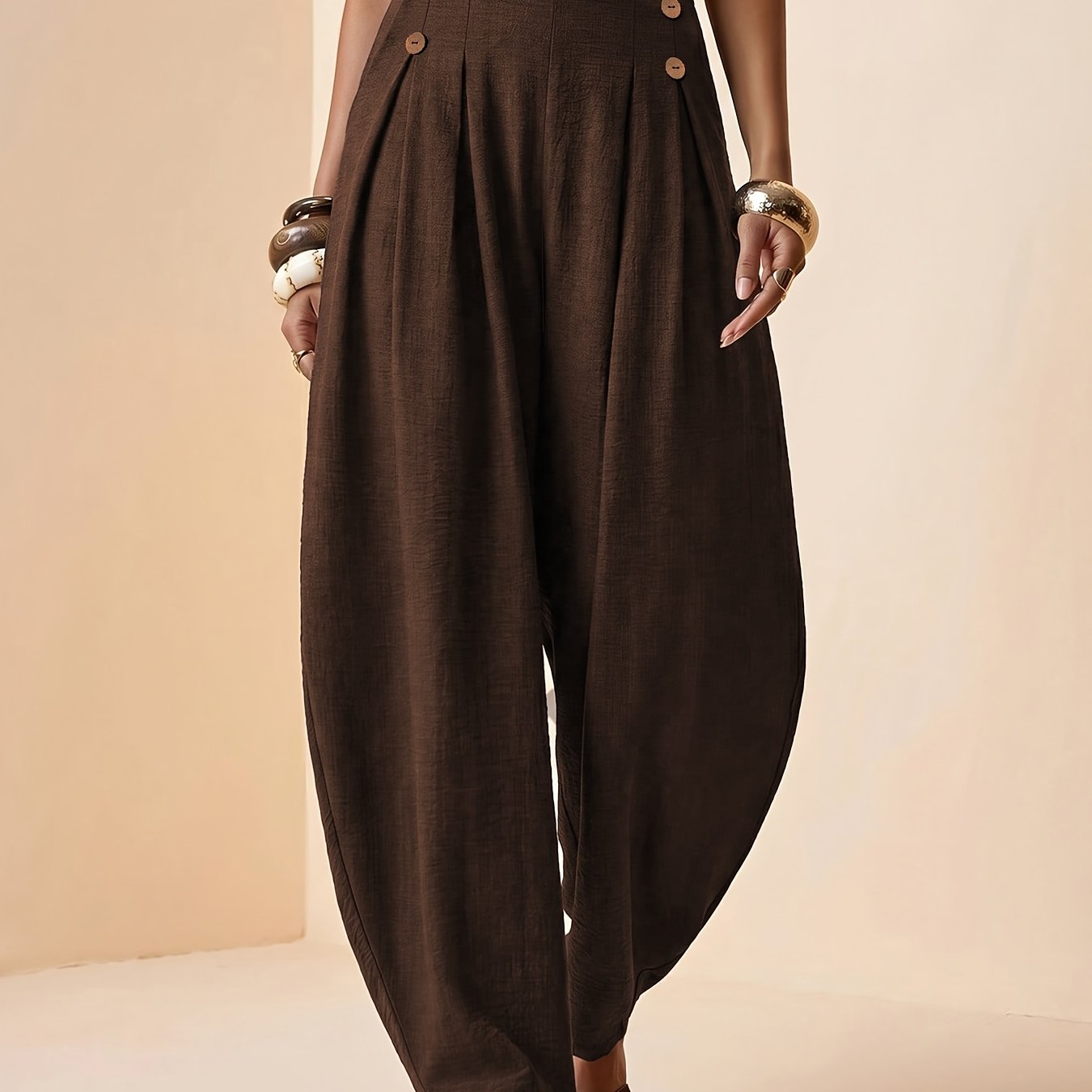 TEMU Pantalon décontracté pour femmes grandes tailles à taille haute avec ceinture, poche, fermeture éclair latérale et détail de bouton, pantalon