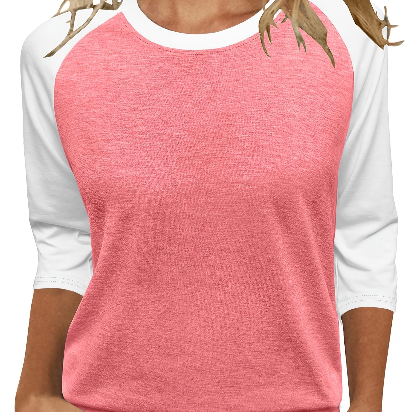 TEMU Haut à manches 3/4 pour femmes, T-shirt à col rond color block tendance et élégant, T-shirt décontracté confortable et ample à manches 3/4