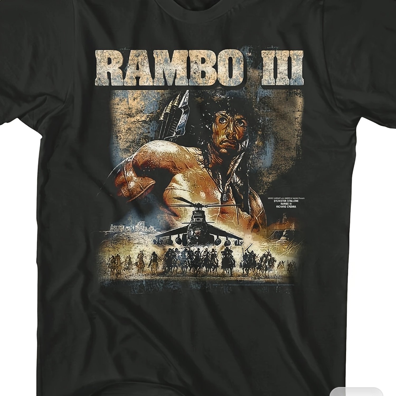 Image of 2026 New Rambo First Blood Part Iii Chopper Poster Men's T-shirt| Crew Neck, Regular Fit, Stretch Fabric, Geometric Pattern, Casual Wear, Plus Size