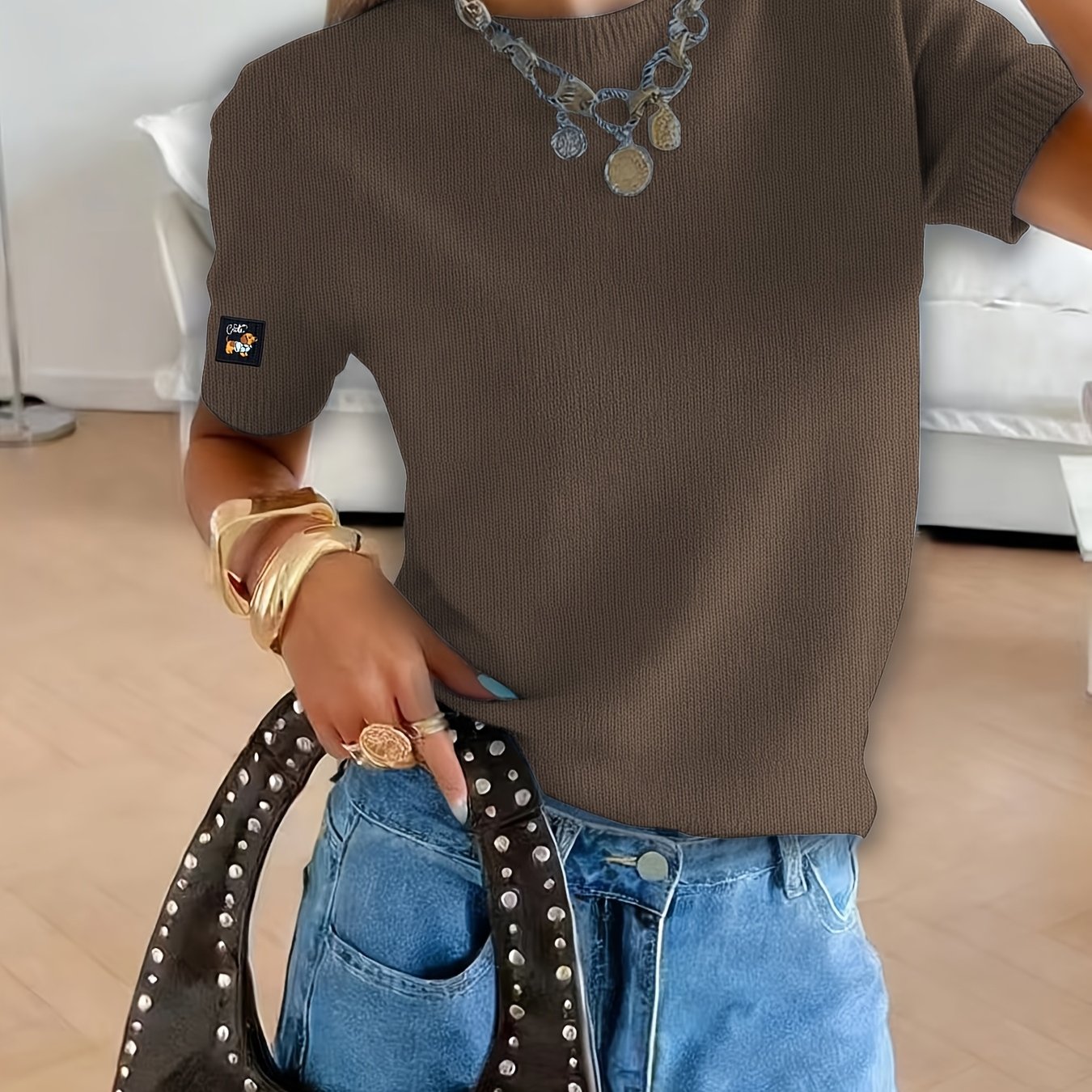 TEMU Print Style Home Crew Neck Short Sleeve Sweater, Printed Design â Not Textured, Loose Fit -friendly Top