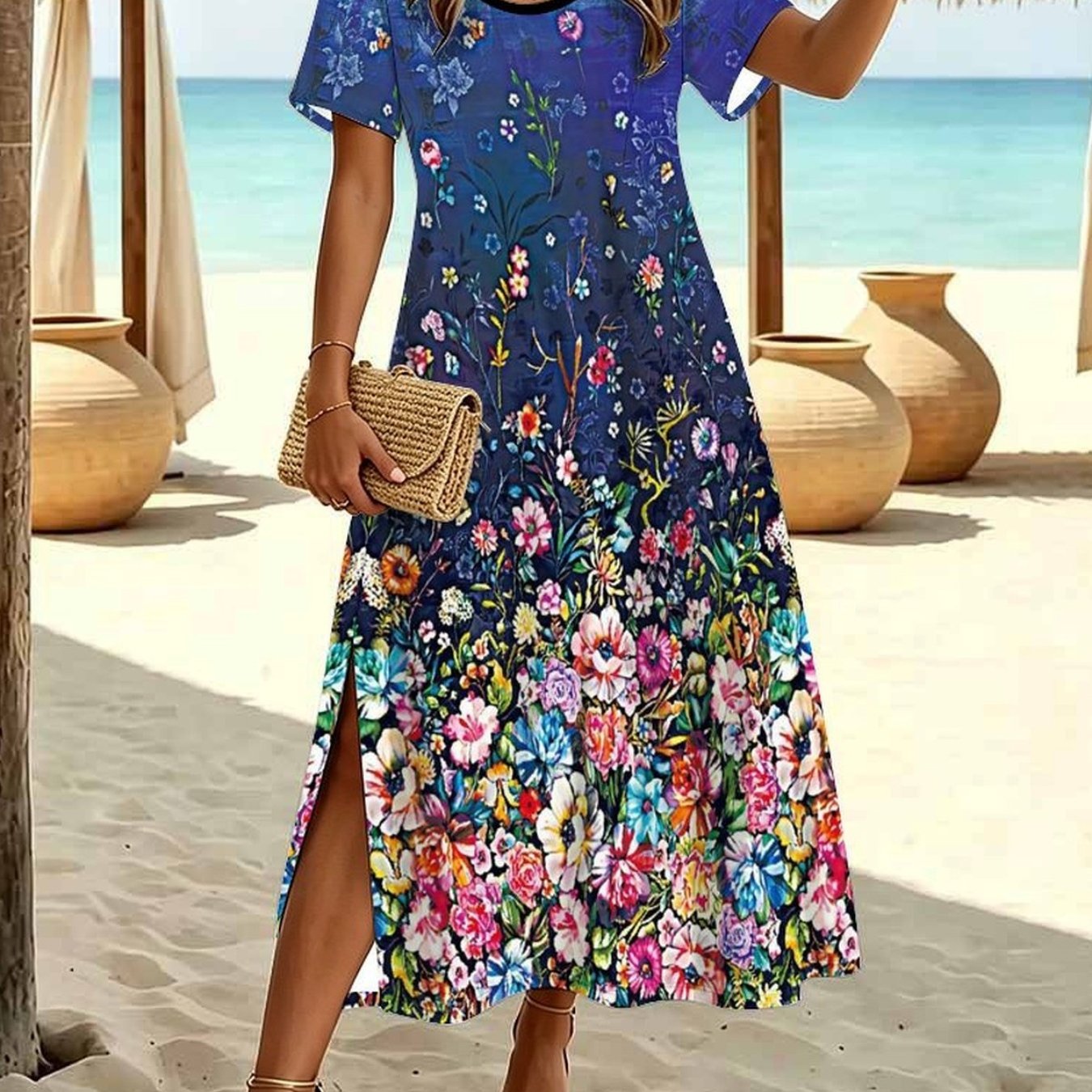 Image of Plus Size, Plus Size Women's Summer Fashion Dress, Casual With Tiny Botanical Floral Print, Crew Neck Short Sleeve Split Hem Elegant Dress.