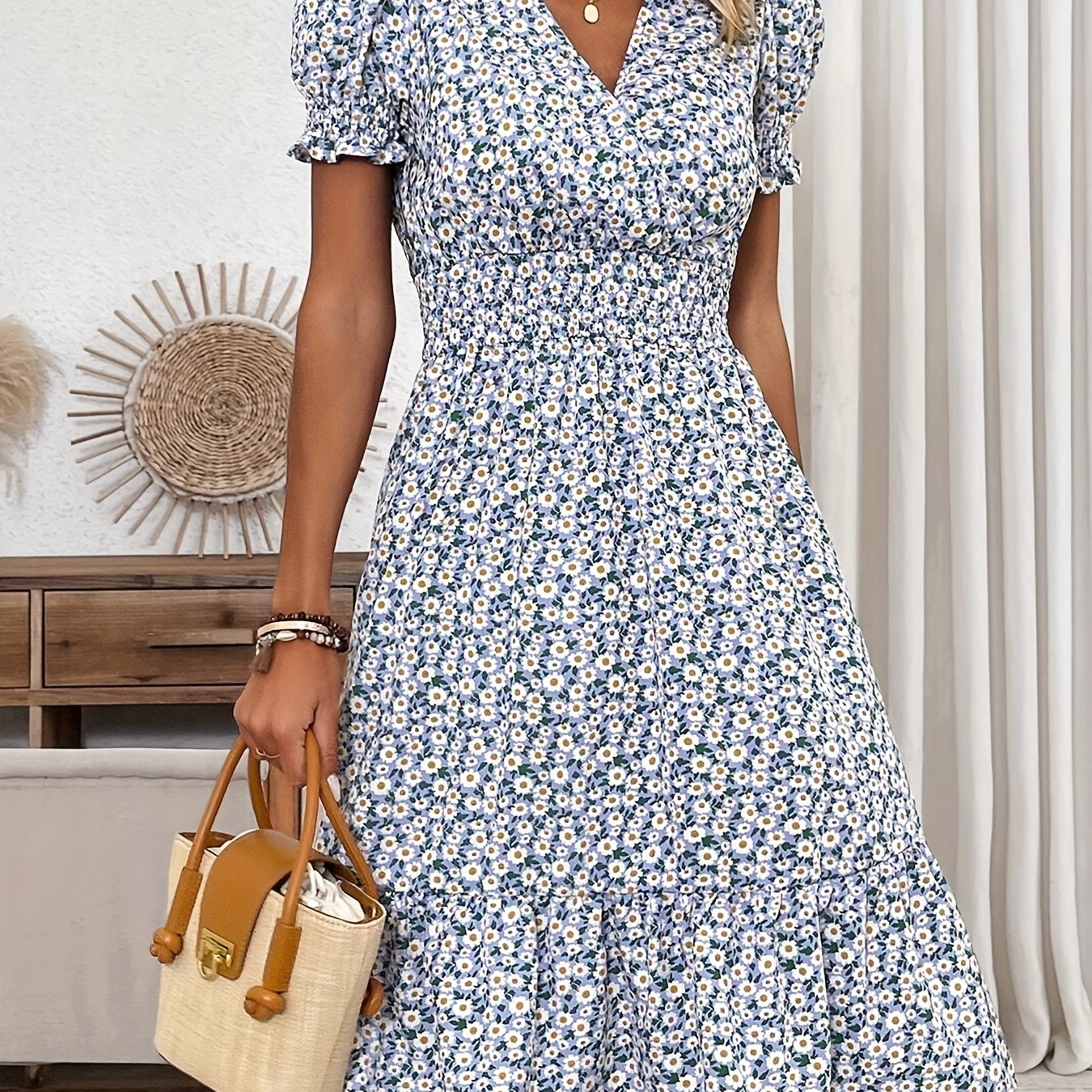 Image of Women's Short Sleeve Puff Sleeve Print Elegant Fashion Mid-length Dress Summer Women's Clothing