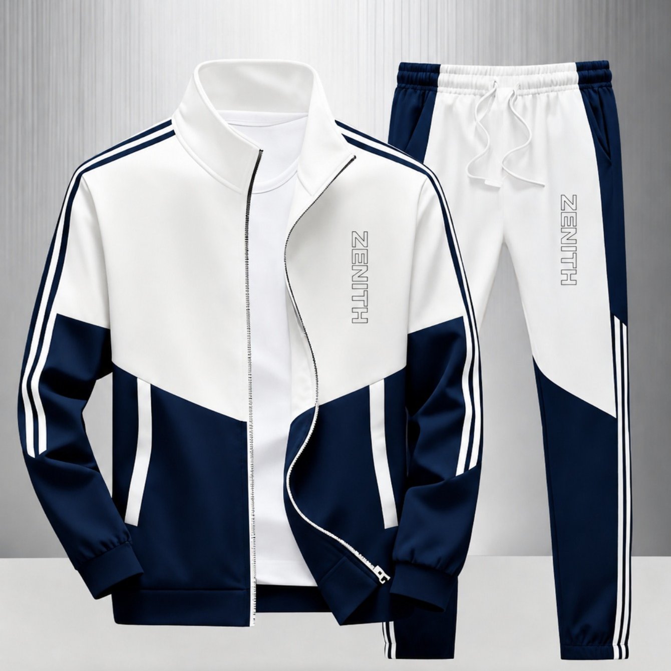 Image of Men's Fashion White Navy Blue Printed 2pcs Track Suit Set Lightweight Comfortable Outfit For Lounge, Home, Or Use