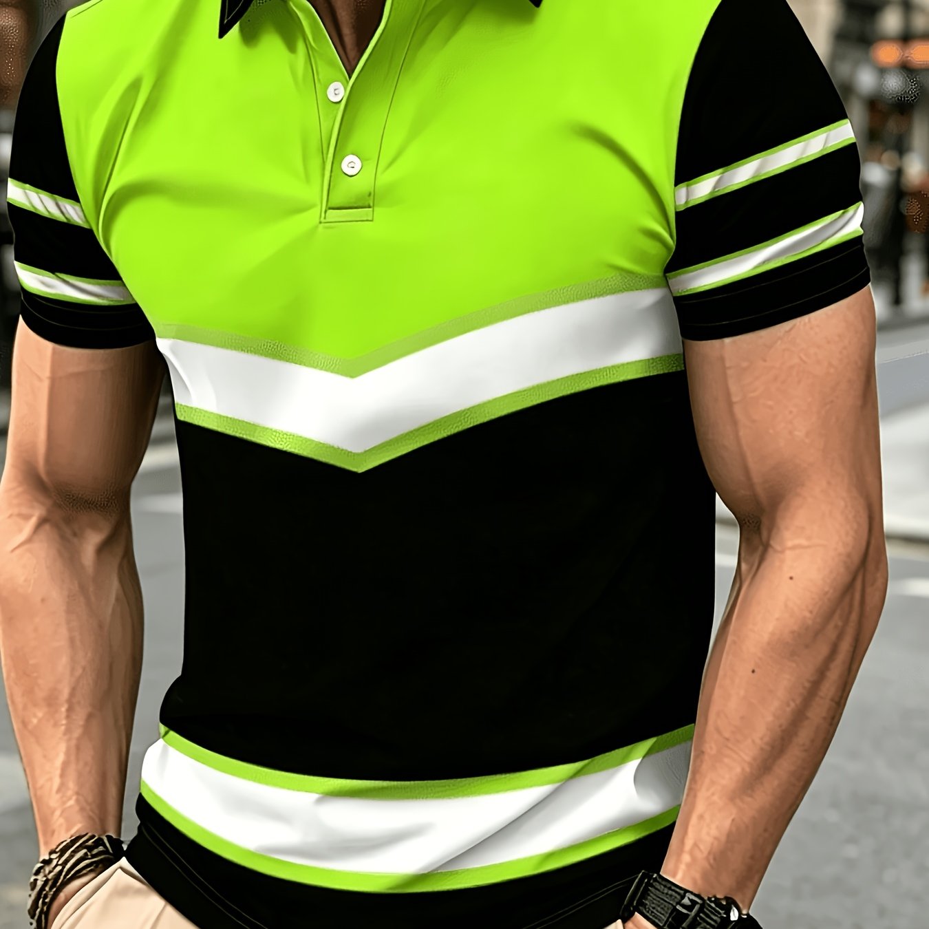 TEMU [printed Design - Not Textured], Fluorescent Green Contrast Color Shirt, Top, Men's Work Shirt, Black/green Spliced Design, Style, Durable
