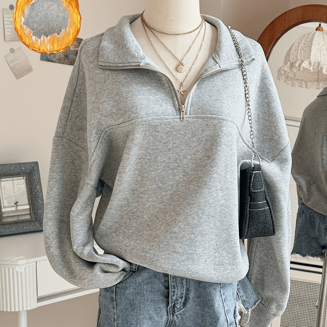 TEMU Fleece-lined Thickened Women's Loose Half-zip Slit Design Sweatshirt, Suitable For Autumn And Winter