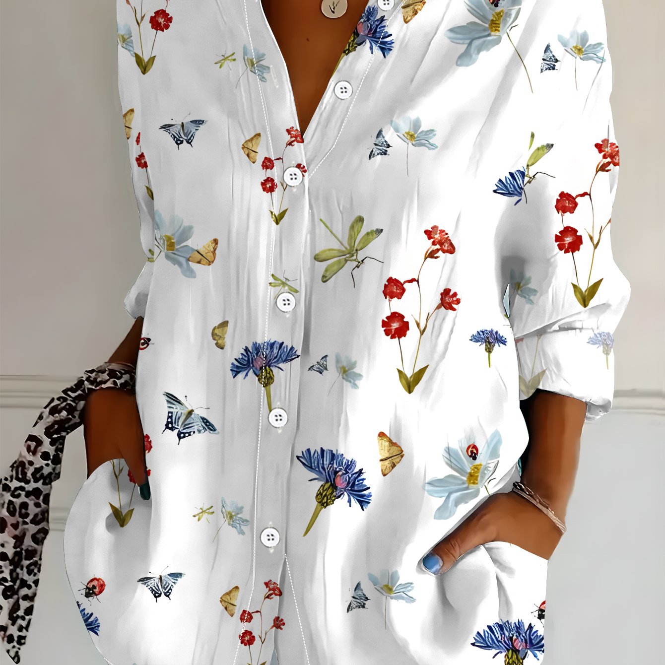 TEMU Plus Size - Plus Size - Plus Size Women's Long Sleeve Shirt, Style Loose Printed Blouse, Embellishment Mid-length Women's Long Sleeve Collared