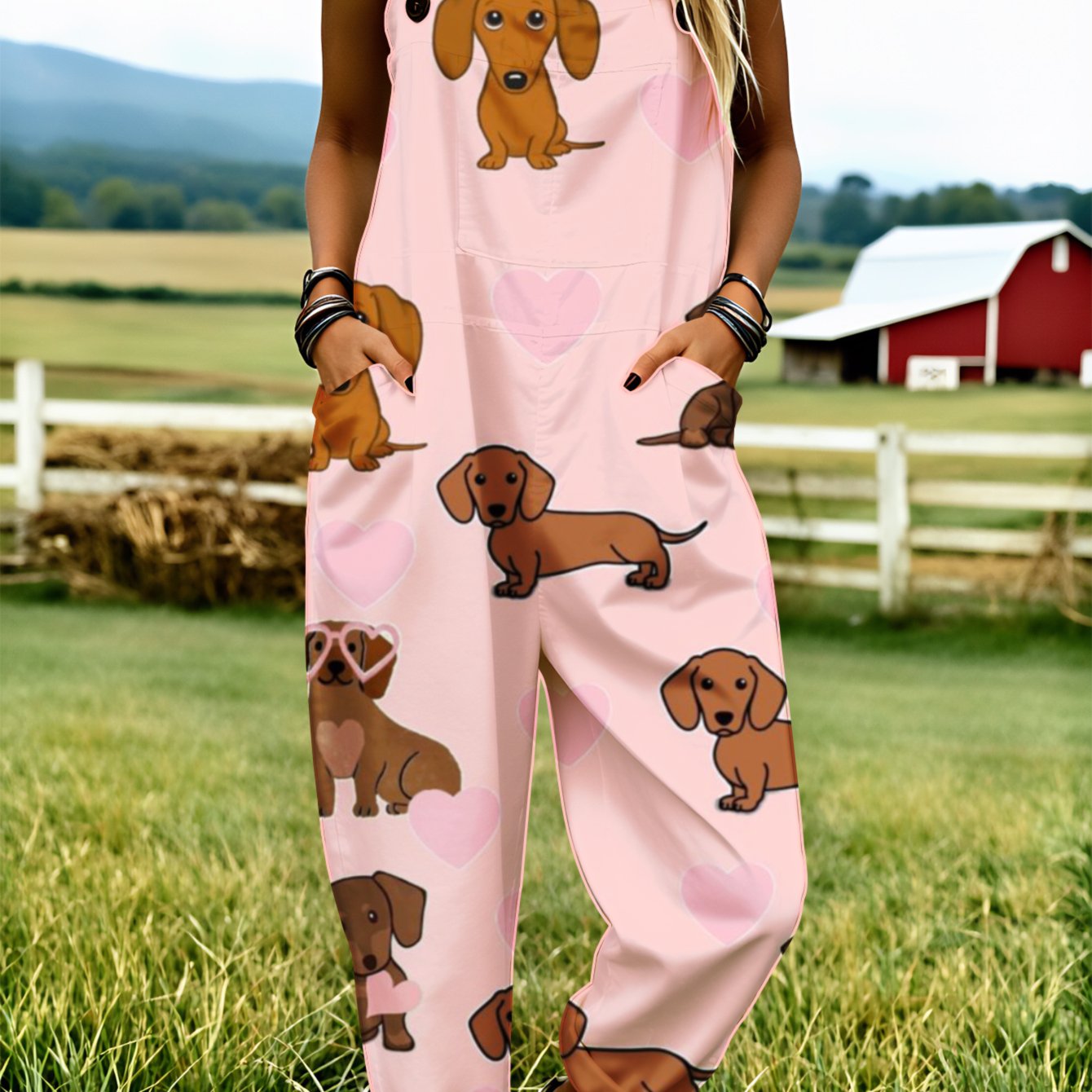 Image of Plus Size Women's Overalls 0xl-5xl Dachshund Hearts Pink Background Pattern Comfortable And Breathable Loose-fitting Overalls Machine Washable Wide-leg Pants Adjustable Shoulder Straps