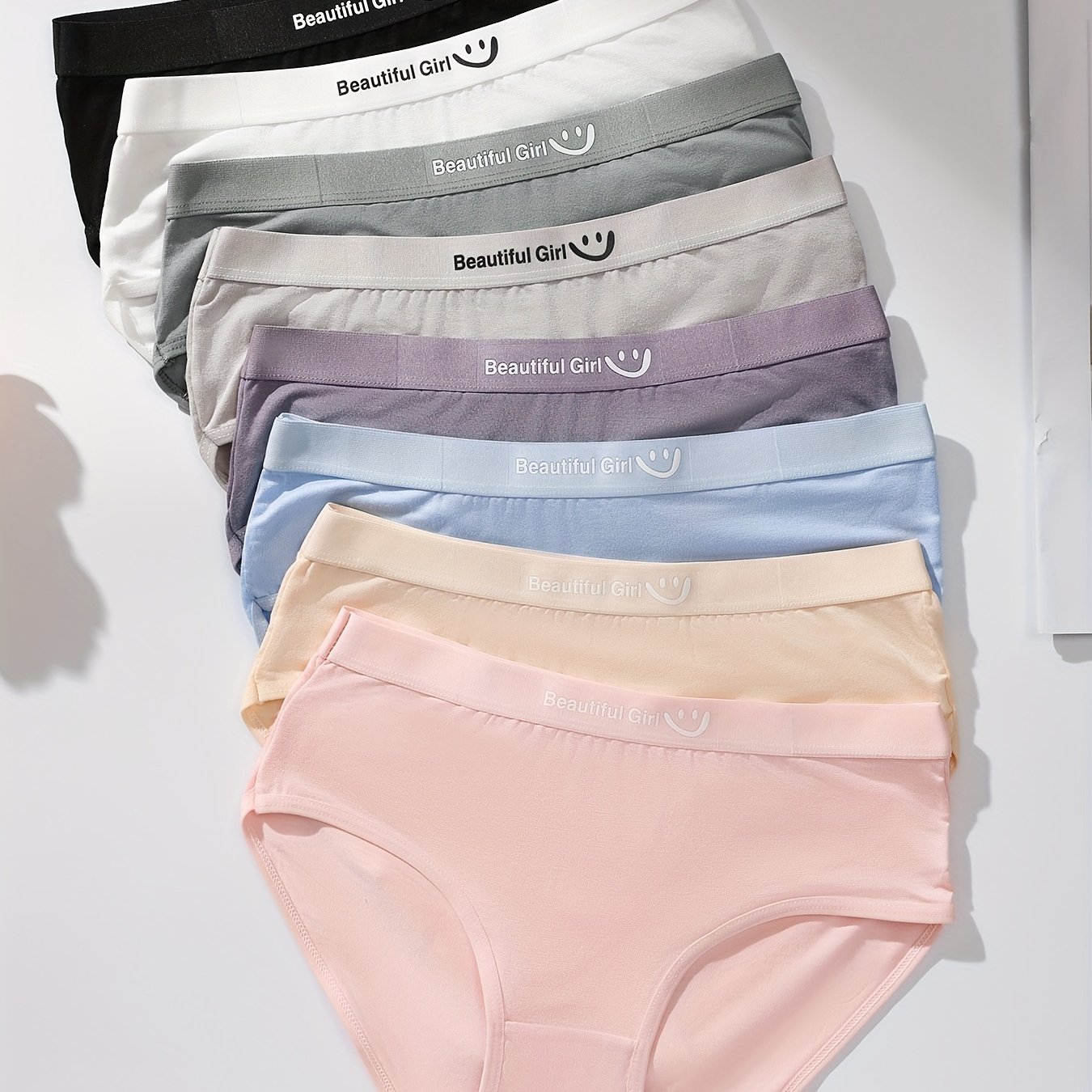 Image of 8pcs Cute ' Briefs With English Letter Prints - Soft Bamboo Rayon Rayon, Mid Rise, No Belt, Underwear For Girls (black, White, Light Blue, Pink, Purple, Light Green, Beige), Cute Underwear