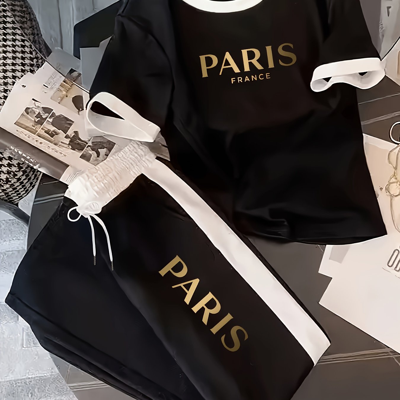 TEMU French : Paris France Paris Set Women's Summer Casual Two-piece Outfit T-shirt And Sweatpants Western Women's Set Women's Spring Summer Short