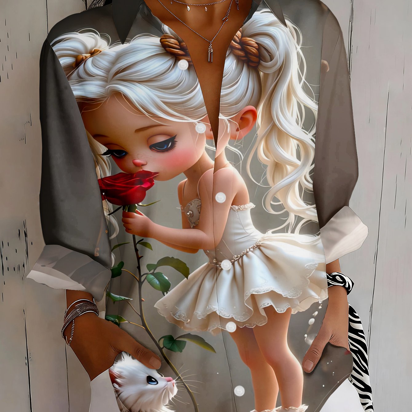 TEMU New Women's Long-sleeve Shirt Featuring A With White Hair And Twin Tails Smelling A Rose, A White Cat And Doll Pattern, Versatile Commuter And