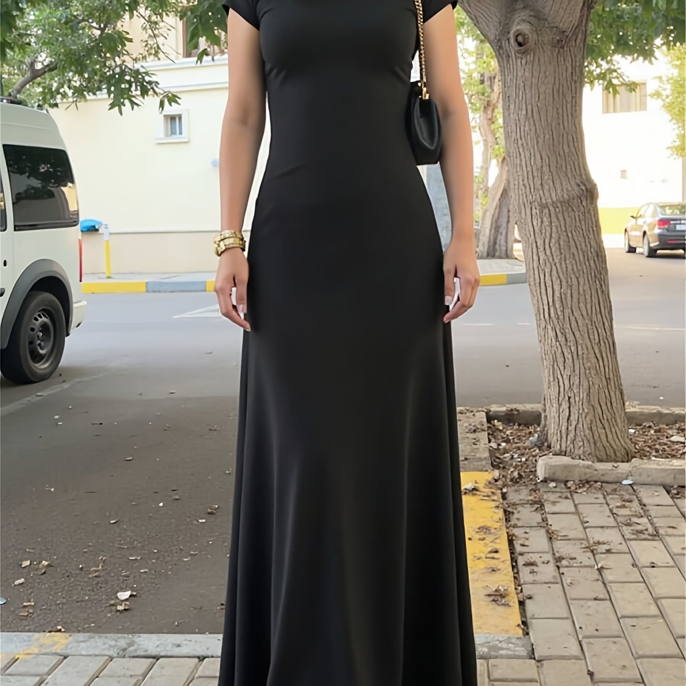 TEMU Summer A-line Flared Maxi Dress For Women, Solid Color Round Neck Elegant Waist-cinching Long Party Dress, Slim Fit Flared Maxi Dress