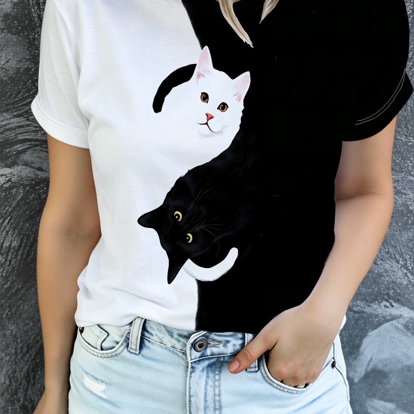 TEMU 여성용 고양이 애호가 티셔츠, 전신 흑백 아기 고양이 프린트 - 반팔 크루넥 여름 상의, 일상복, 야외, 캐주얼용, 고양이 테마 의상에 적합