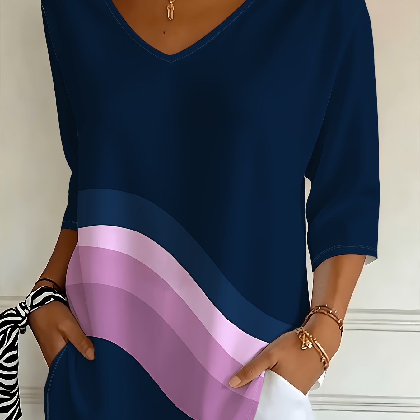 TEMU Navy Blue And Pink Striped V-neck Three-quarter Sleeve Loose-'s Top