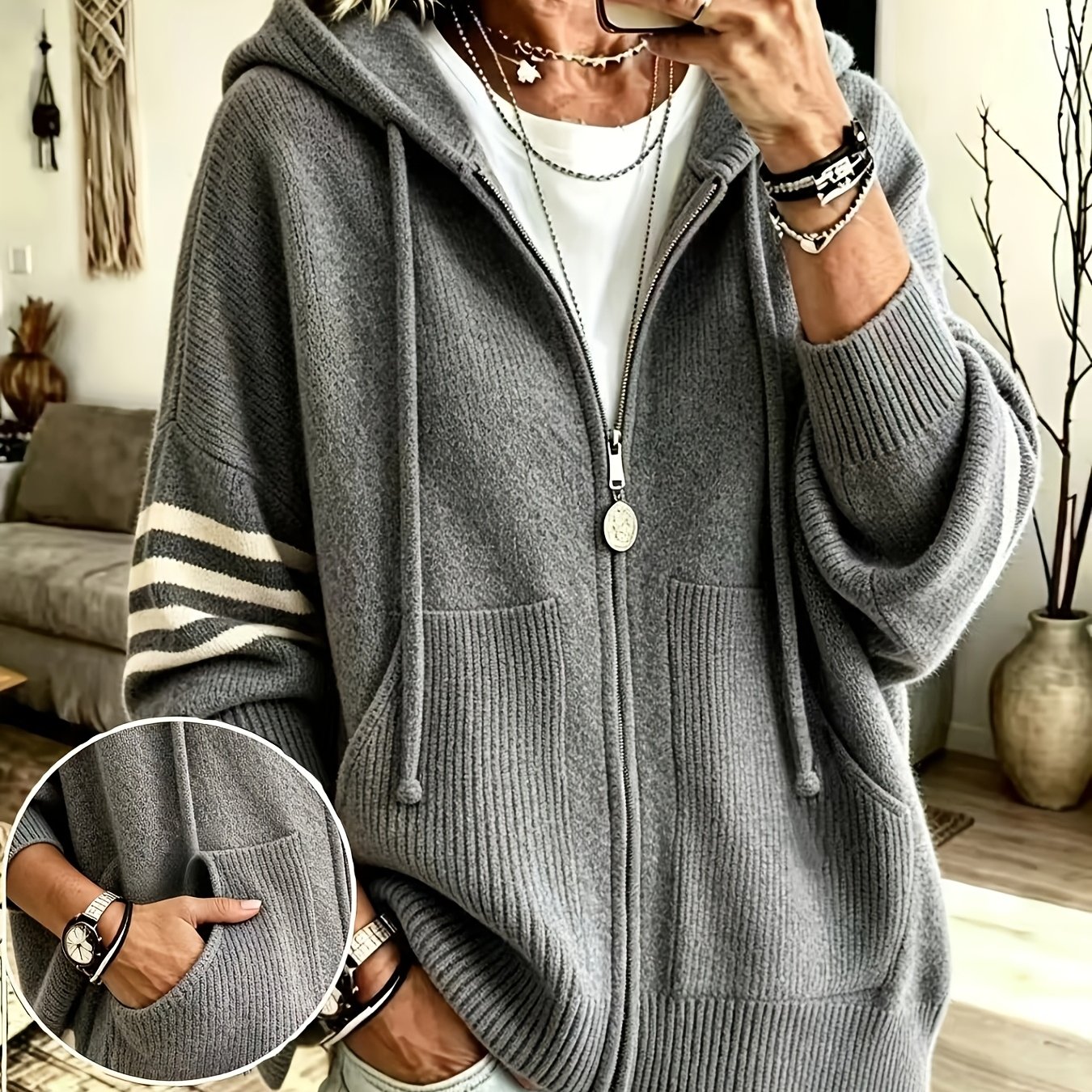 TEMU Plus Size - Women's Casual Hooded Sweater Jacket With Zipper, Women's Sweater Jacket Coat With Pockets, Loose 's Sweater Jacket, Suitable For