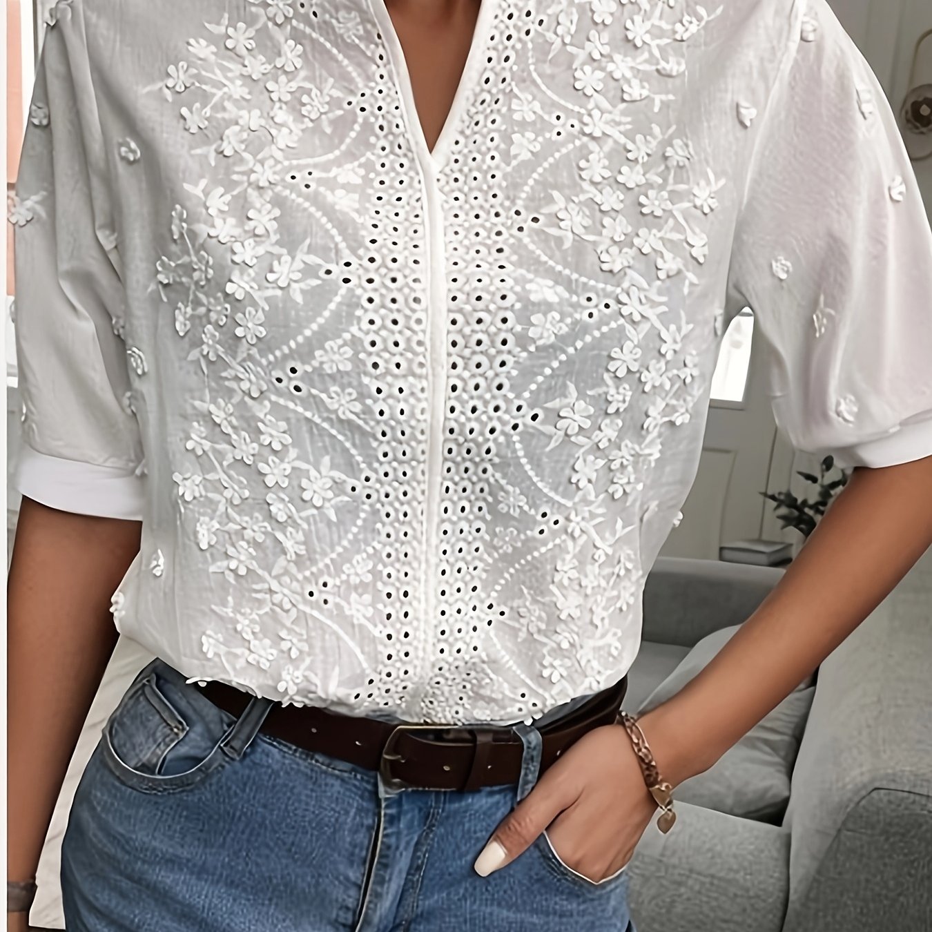 TEMU Women' Elegant V-neck Blouse Shirt - Semi-sheer Short-sleeve Top With Loose Fit &, Suitable For Summer Layering, Casual Or Dressy Wear, Hand