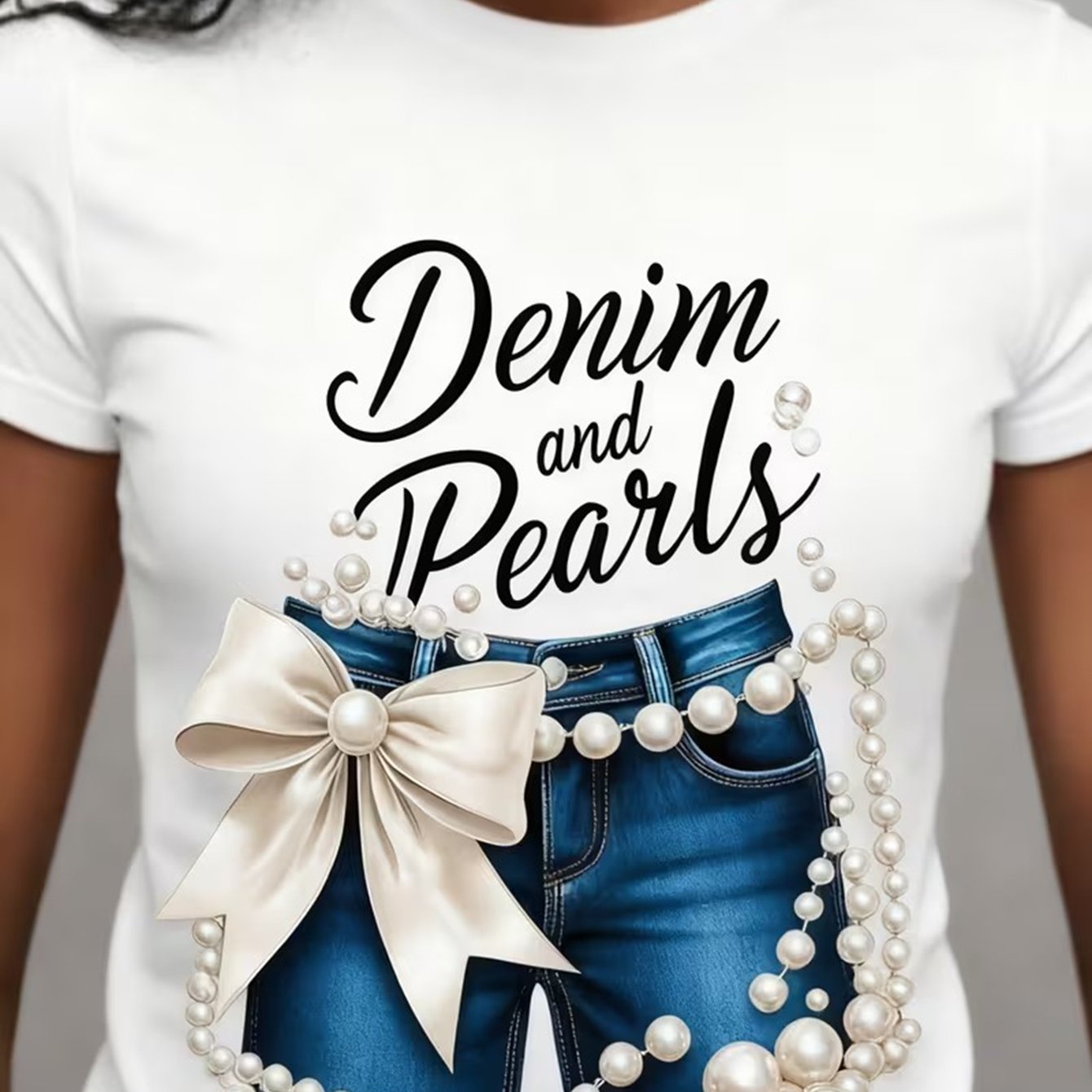 TEMU Women's Denim And Pearl Pattern T-shirt, Fashionable White Short-sleeved Crew Neck, Trendy Bow Pearl Print Top For Birthday Parties, Travel,