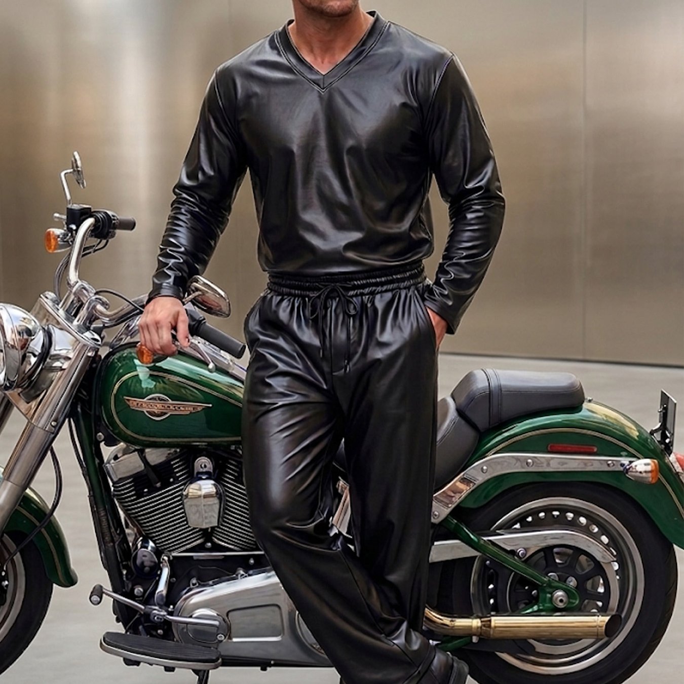 TEMU Men's 2pcs Long Sleeve Jacket Set With Drawstring Pants, European And Style V-neck Top, Sporty Casual Biker Style Men's Apparel