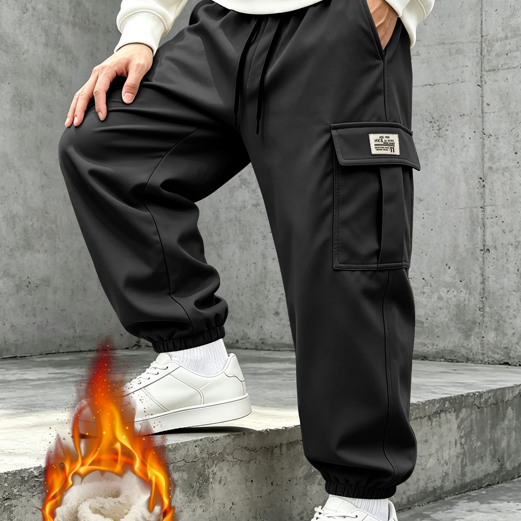 TEMU Men's -lined Casual Pants â Side Large Pockets, Men's Thickened Cargo Pants, Men's -lined Trousers, Drawstring Elastic Waist Fits Waist Sizes,