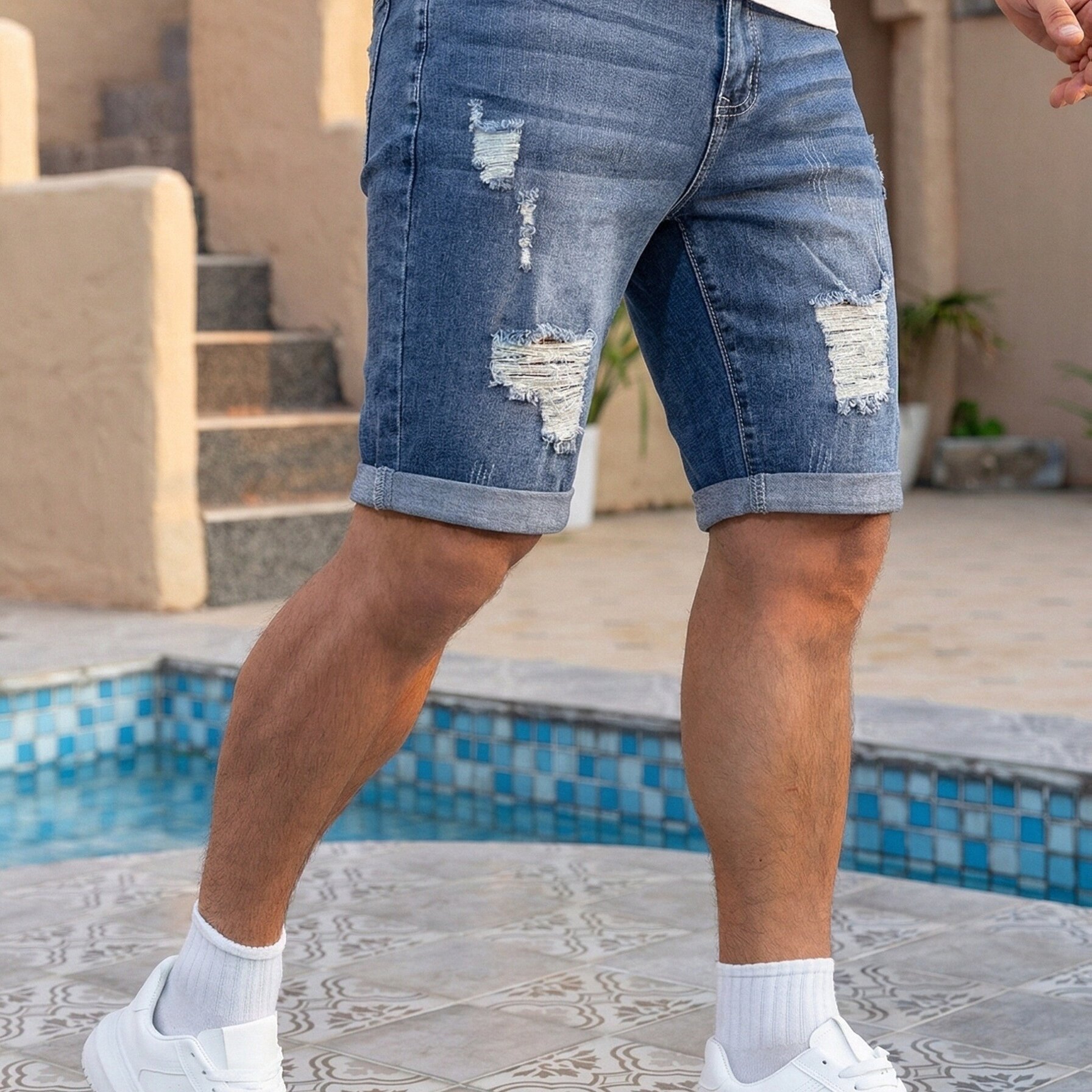 Men's Summer Distressed Elastic Denim Shorts