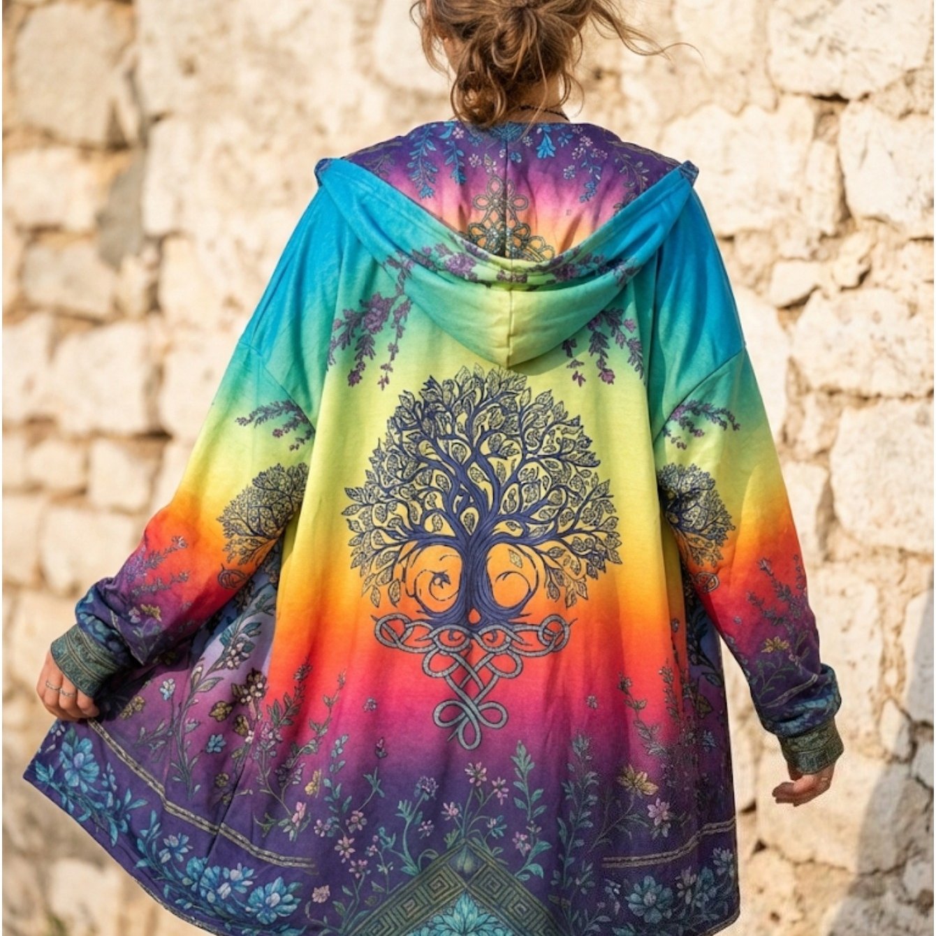 Tree Of Life Bohemian Plus Size Hooded Cardigan, Vintage Open Front Oversized Lightweight Jacket, Spiritual Print Outerwear (no Zipper & No Pockets)