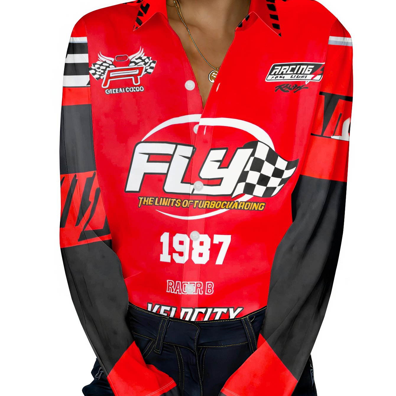 TEMU Car Button- Shirt - Speed No.1987 Full-body Print Top | Machine Washable Spring/autumn Button Collar Button-front Suitable For Outdoor, Casual