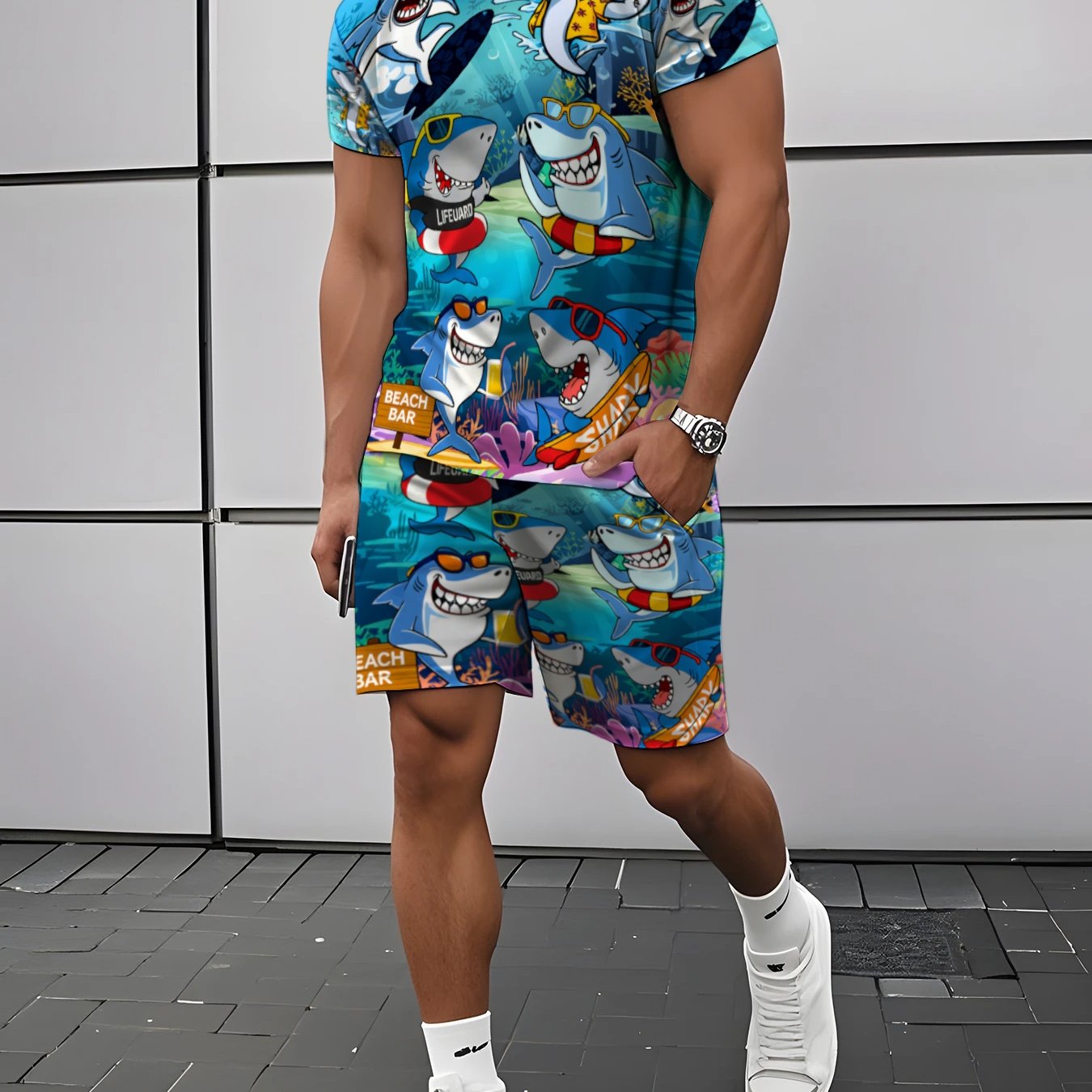 TEMU Men's Cartoon Print Short Sleeve And Shorts Set, Summer Casual Sportswear 2pcs Set, Fashionable Trendy Printed Apparel