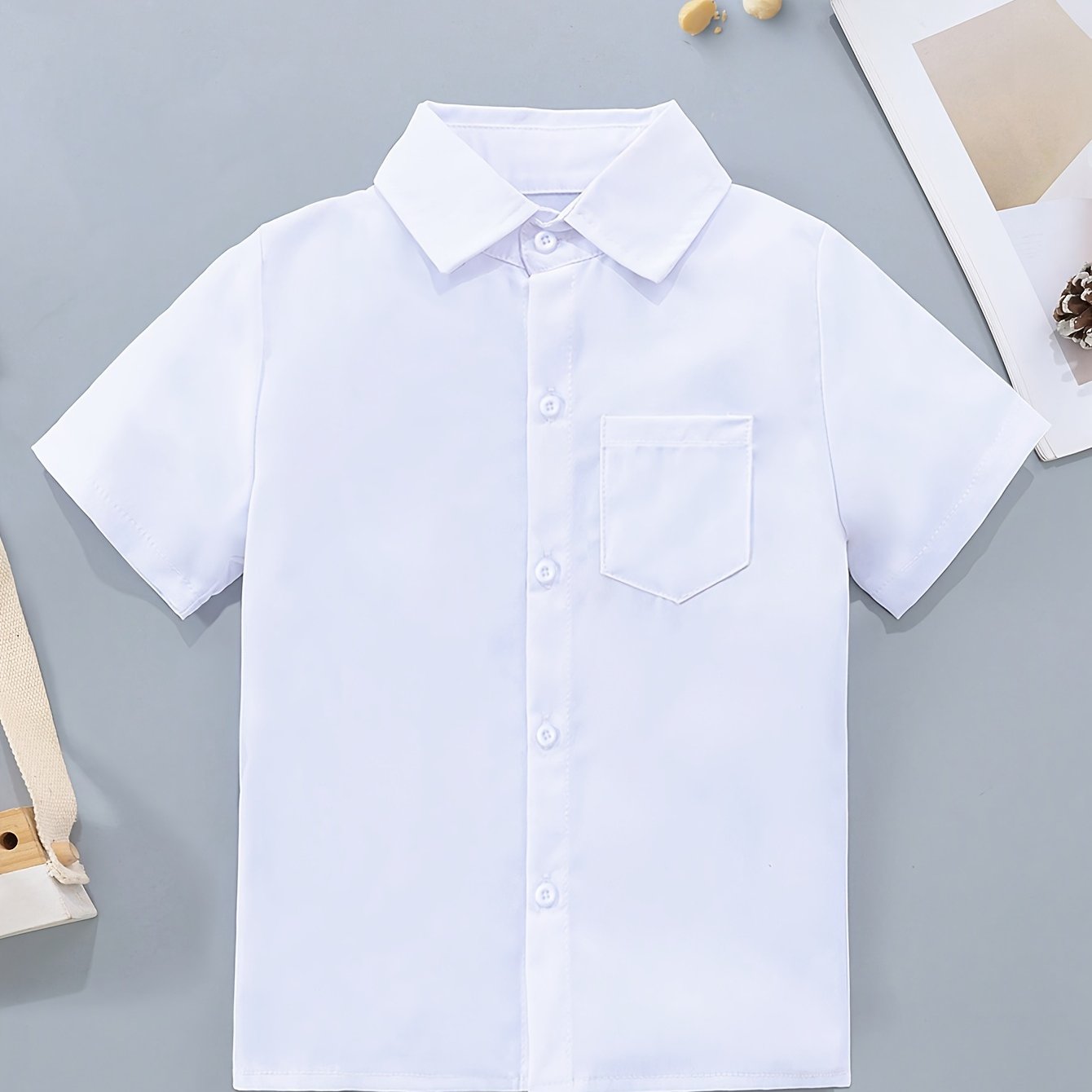 Back-to- Classic Minimalist Academic Style Patch Pocket Short-sleeved Shirt Suitable For School, Banquets, Performances, , And Vacation Activities