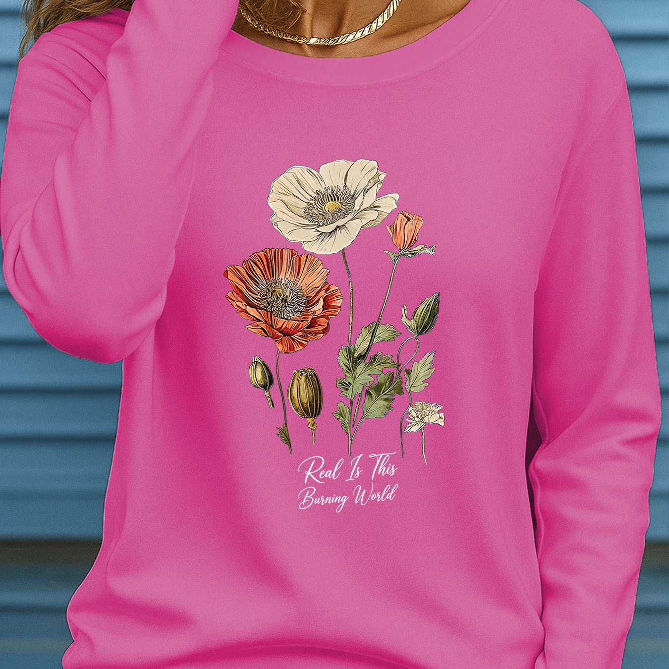 TEMU Plus Size Women's Oversized Long Sleeve T-shirt - Wildflowers & Text Print Crew Neck -compatible Top | Non-sheer Machine Washable Fall/winter