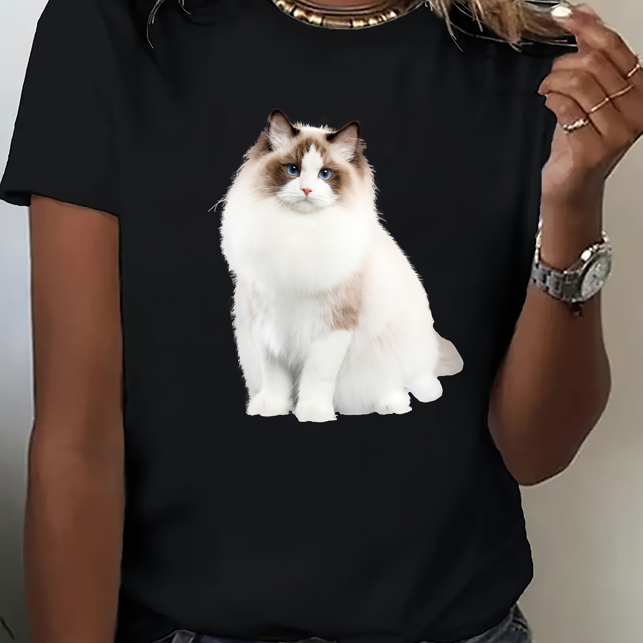 TEMU Wear Your Cat! The Ragdoll Cat Patterned T-shirt . A Beautiful Women's Round-neck Casual Sports T-shirt For , 1pc Clothing You Will Love With!