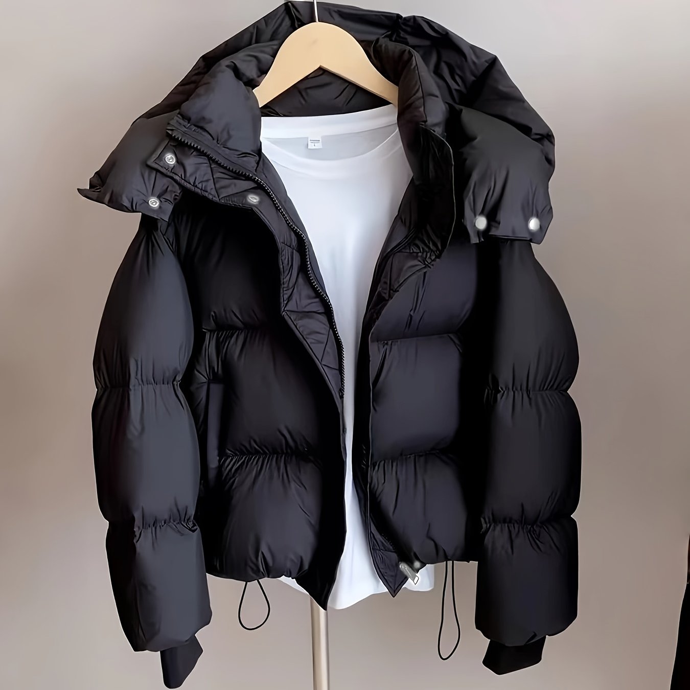 TEMU Korean-style Hooded Padded Coat For Women, Autumn/winter Loose Fit Thickened Cold-proof Outerwear, Winter Black Hooded Loose Padded Coat For