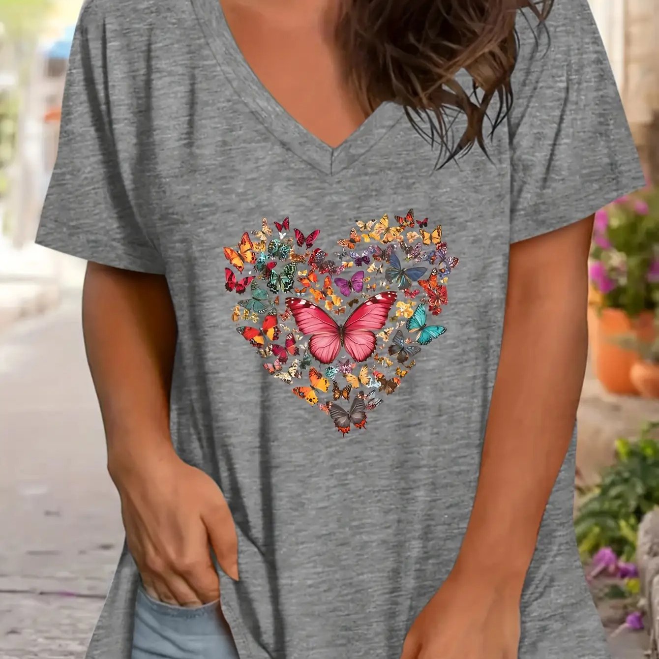 Plus Size, Plus Size Women's Fashion Letter Print Loose Shoulder Half Sleeve Shirt High Quality Women's Tops Casual V-neck T-shirt