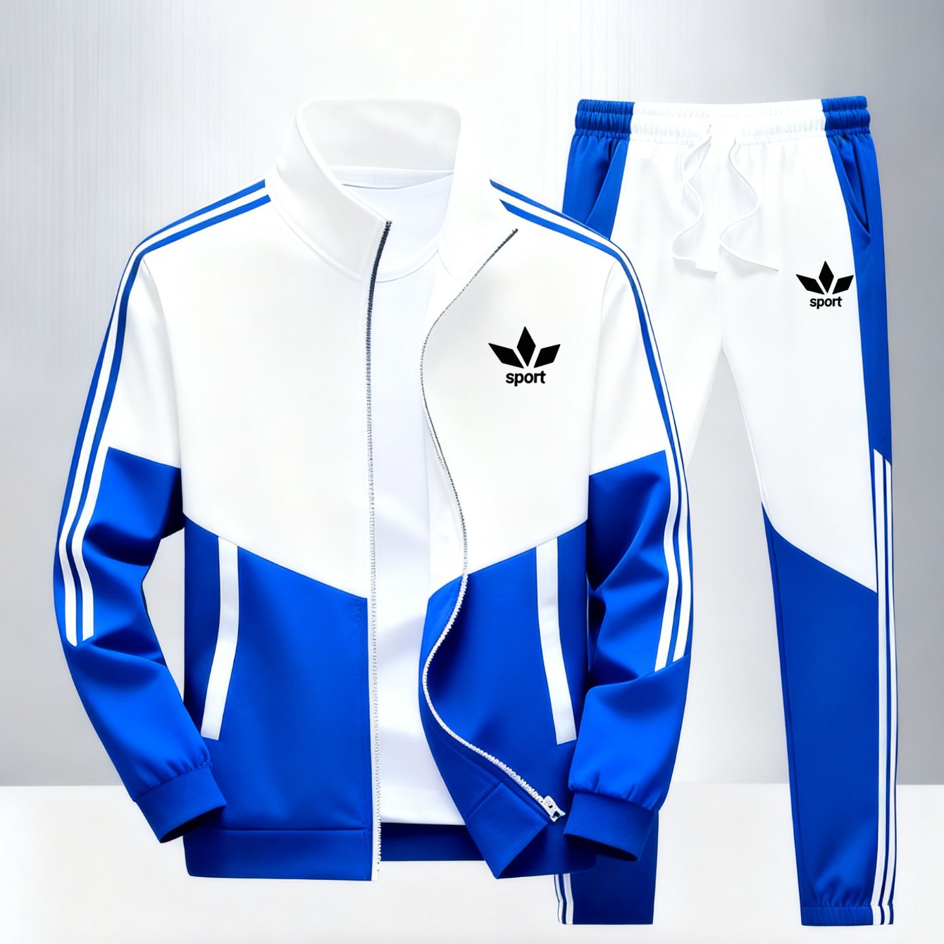 Teen 2pcs Blue Color Stripe Sport Tracksuit Set, Zip Up Stand Collar Jacket& Drawstring Elastic Waist Sweatpants, Casual Athletic Jogging Outfit, Perfect For Outdoor, For Teenager