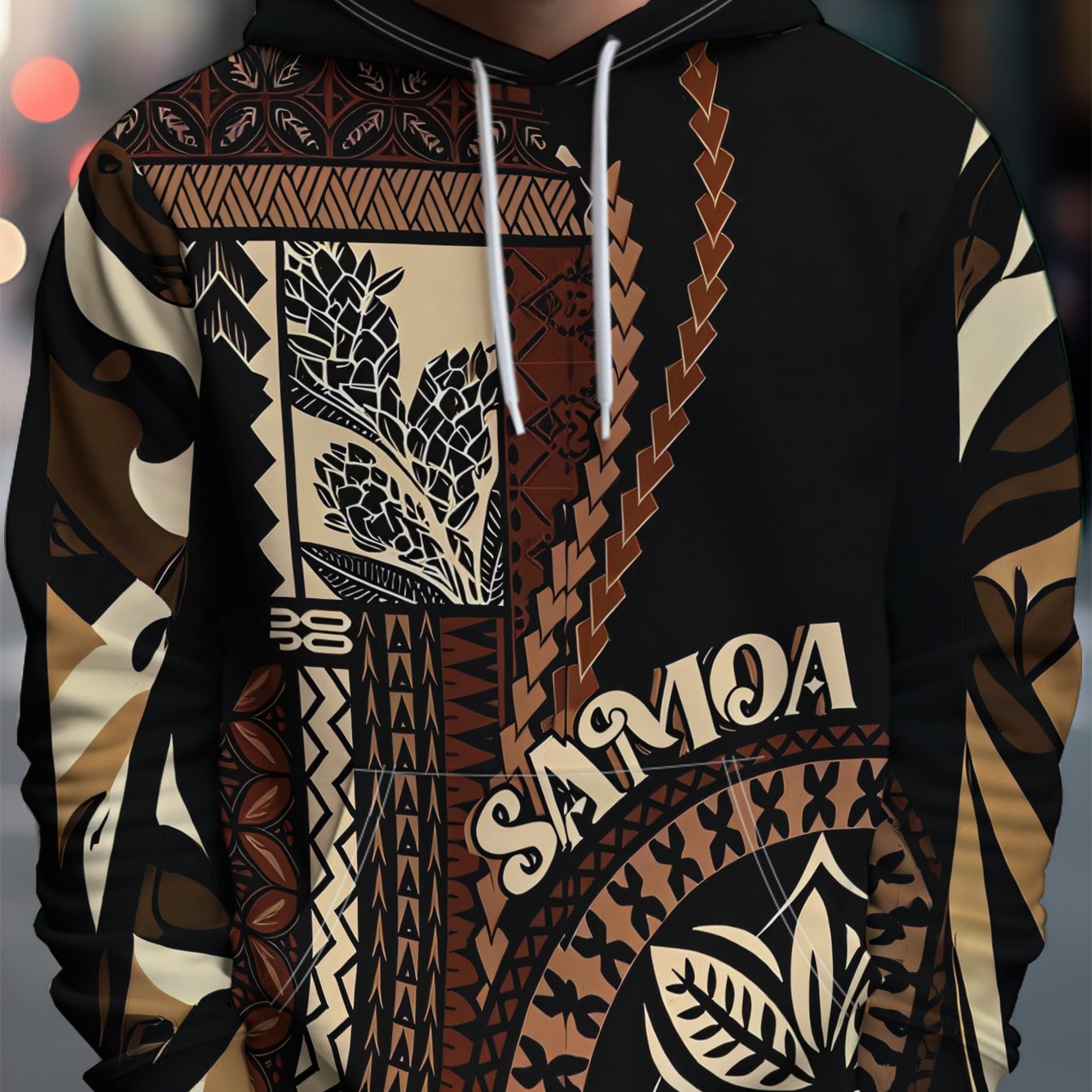 TEMU Men's Samoan Tribal Print Hooded Sweatshirt - Traditional Maori-like Tau'a Design With Fa'a Samoa Cultural , Casual Pullover Hoodie For Hawaiian