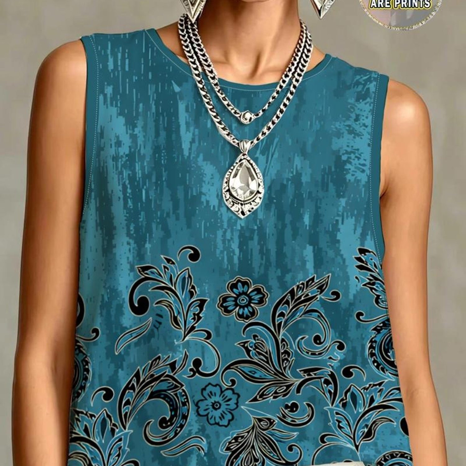 TEMU Women's Fashion Vest, Mixed Colors, Multiple Specifications , Made Of, With Blue Distressed Background And Black Floral Pattern, Elegant And