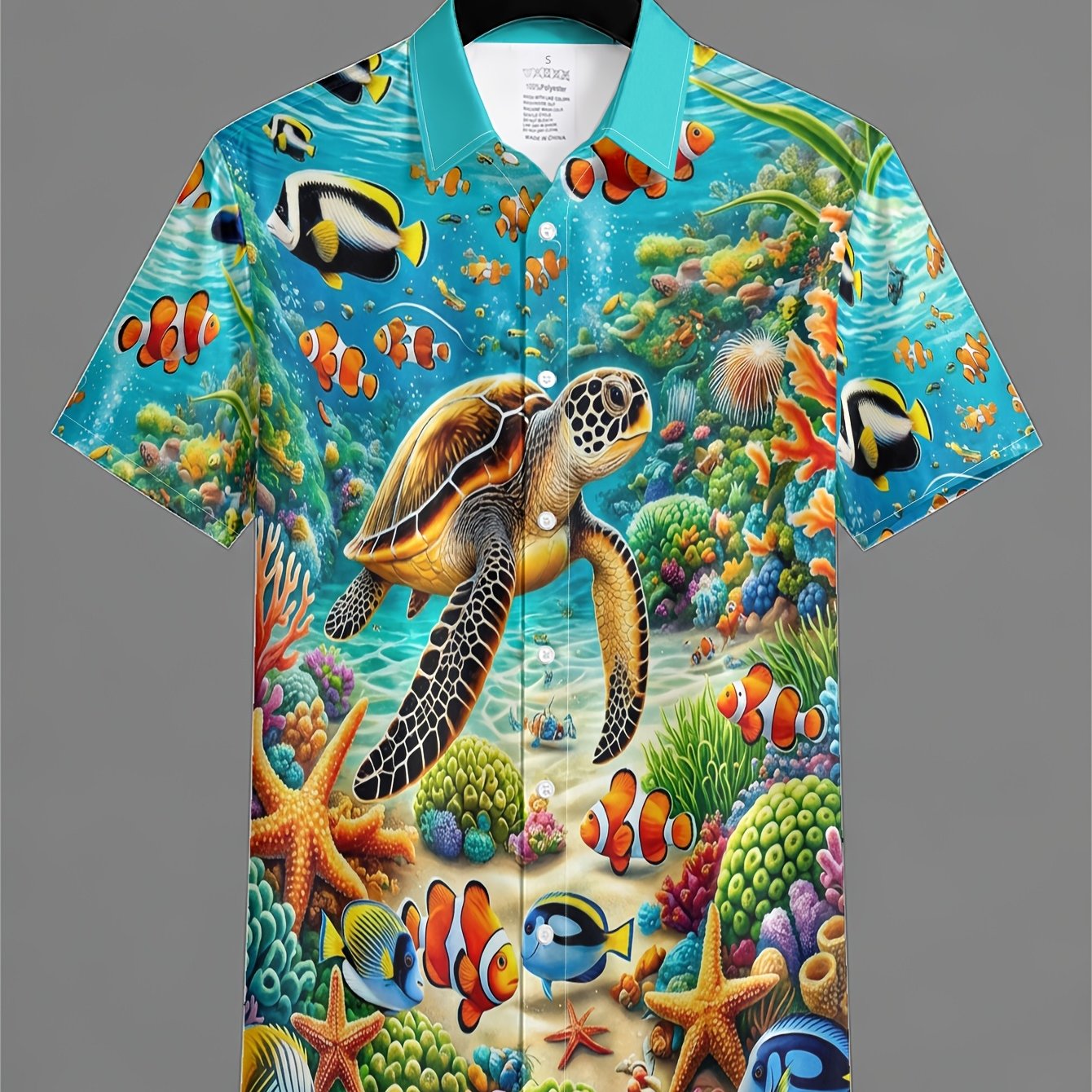 TEMU Men's Fashion Short-sleeve Shirt, Turtle Swimming In A Colorful Print Short-sleeve Shirt, Trendy New Summer Outfit, Casual Daily Shirt, Vacation