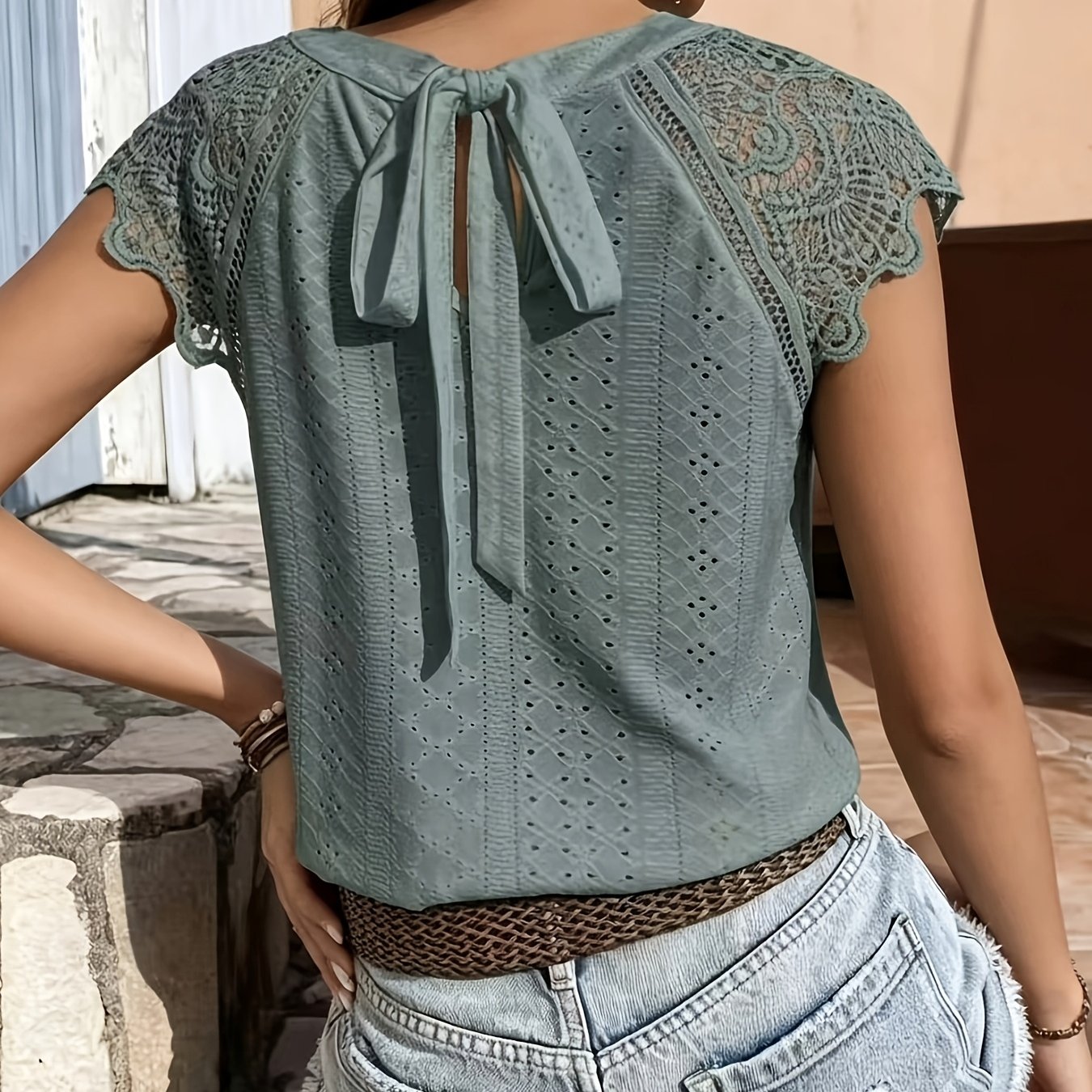 TEMU Ladies' Short Sleeve Top | Casual Crew Neck, Solid Color, Regular Length, Summer Lace-up Detail