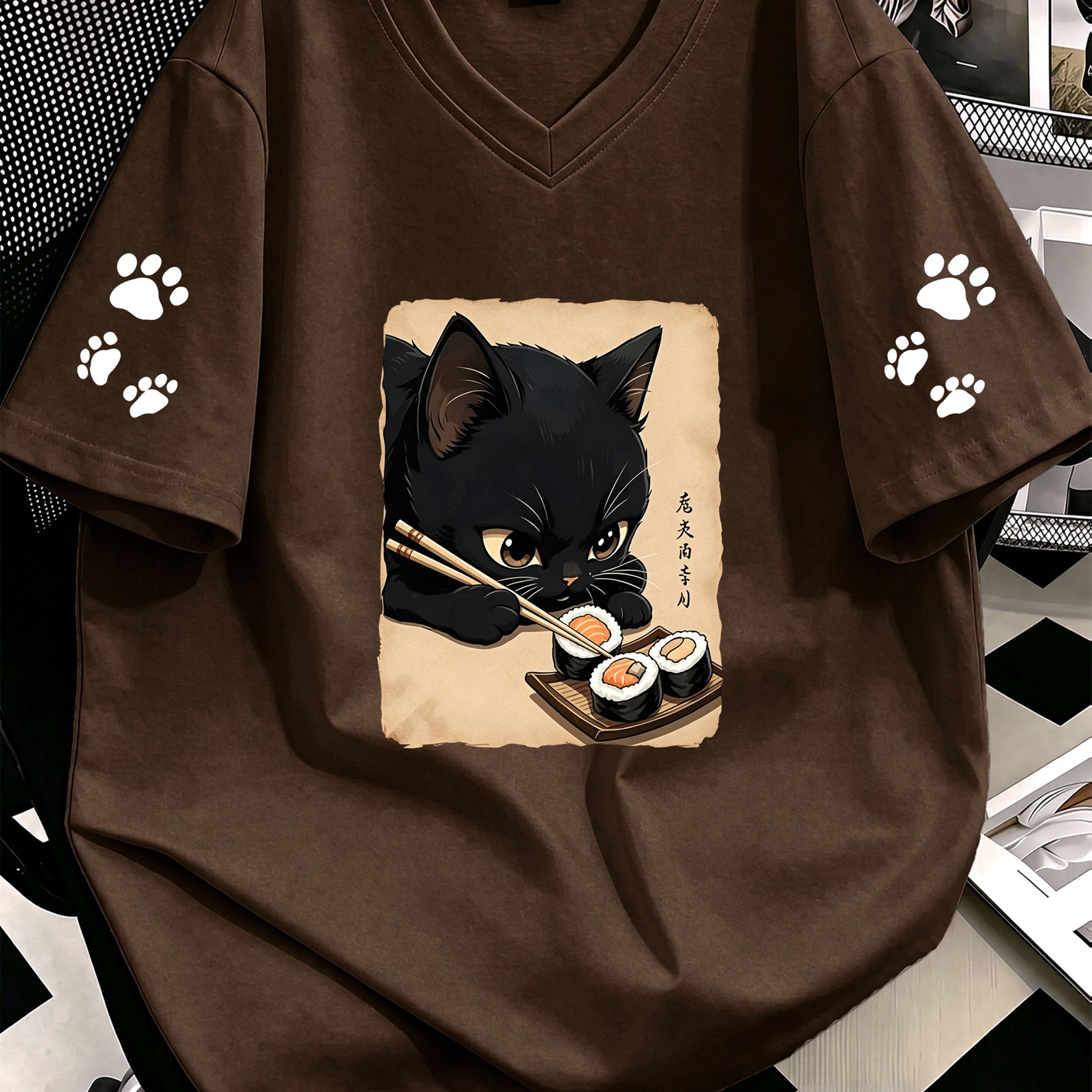 TEMU Plus Size Women's Cat Pattern Printed V-neck T-shirt, Suitable For , Beach, Resort, Spring, Valentine's Day, Carnival, Mother's Day Gift;