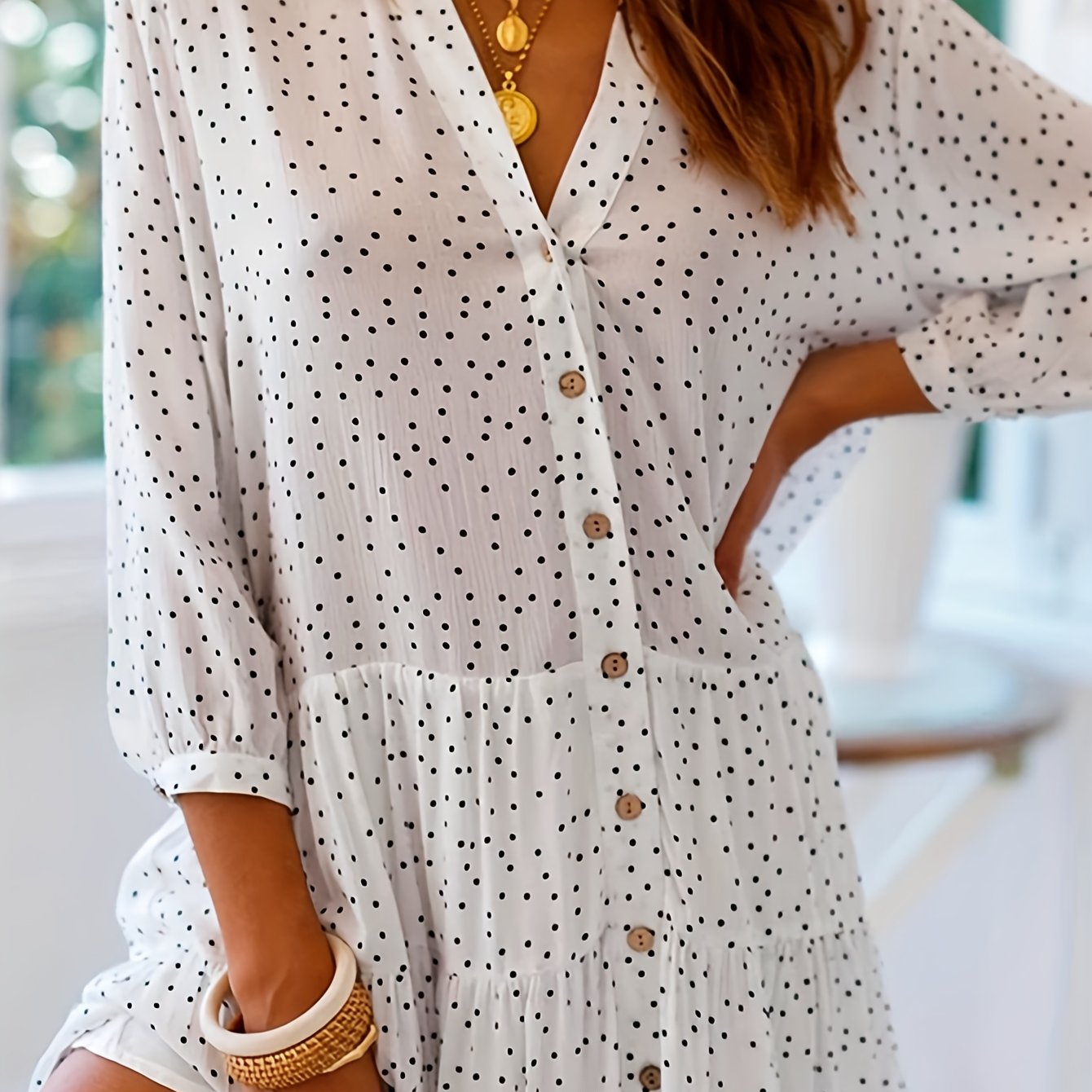 E-shop Damen Frühlings Sommer Neues Kleines Polka Dot Print Ellbogenärmel Ein-Knopf-Lockeres Kurzes Kleid