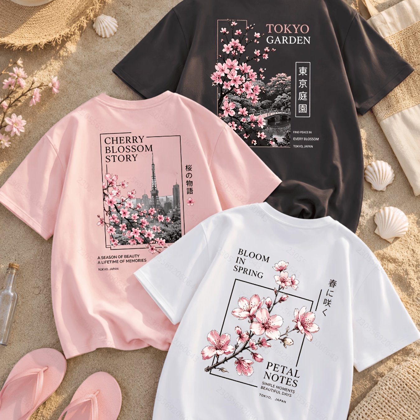 TEMU 3pcs Set Women's Tokyo Cherry Print T-shirts, Soft Comfortable Round Neck Short Sleeve, Casual Top