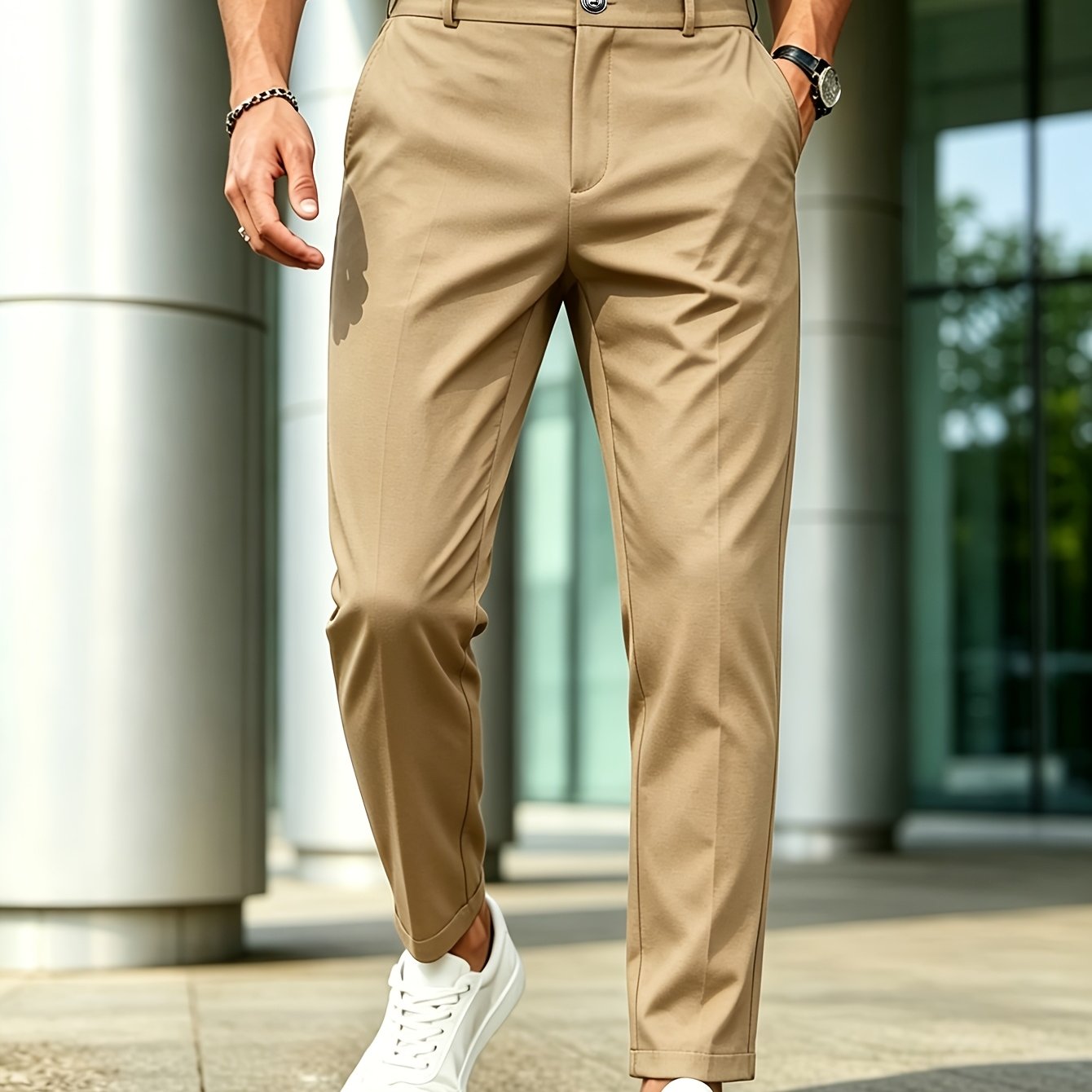 TEMU Men's Formal Light Business Non-iron Solid Color Trousers For Outdoor Commuting Daily Versatile Straight Casual Pants, Chinos