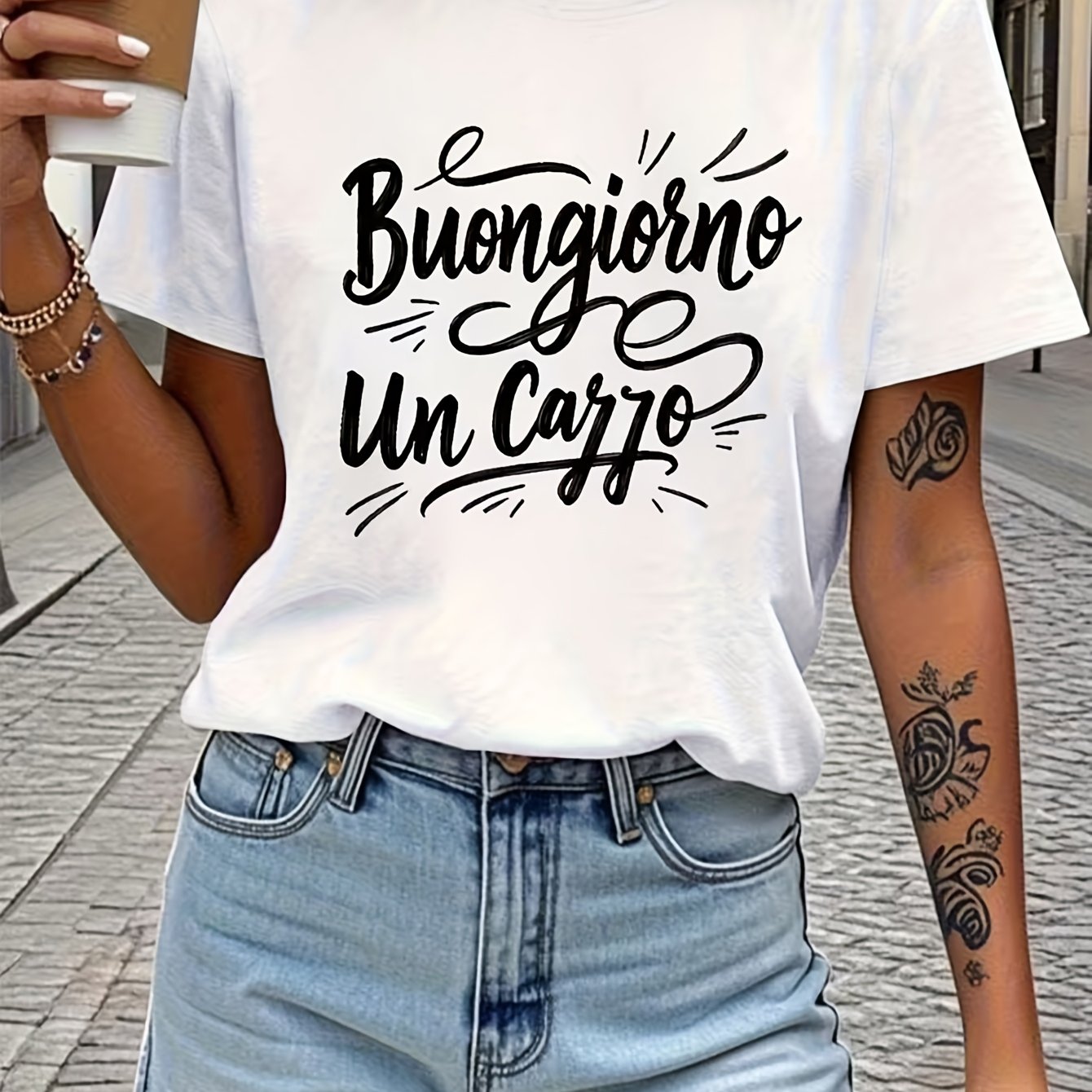 TEMU Italian "" Or ", " Greeting Letter Print Women's Round Neck Spring/summer T-shirt