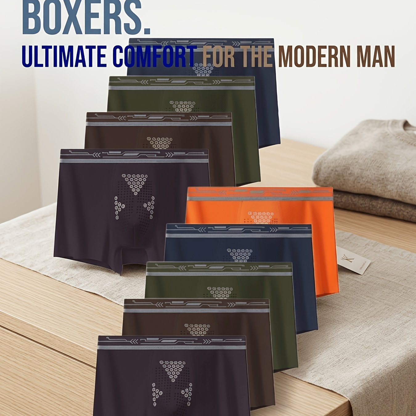 Image of 10pcs Geometric Print Men's Underwear, Contrasting Color Stripes, Waistband, And Trendy Men's Boxer Briefs