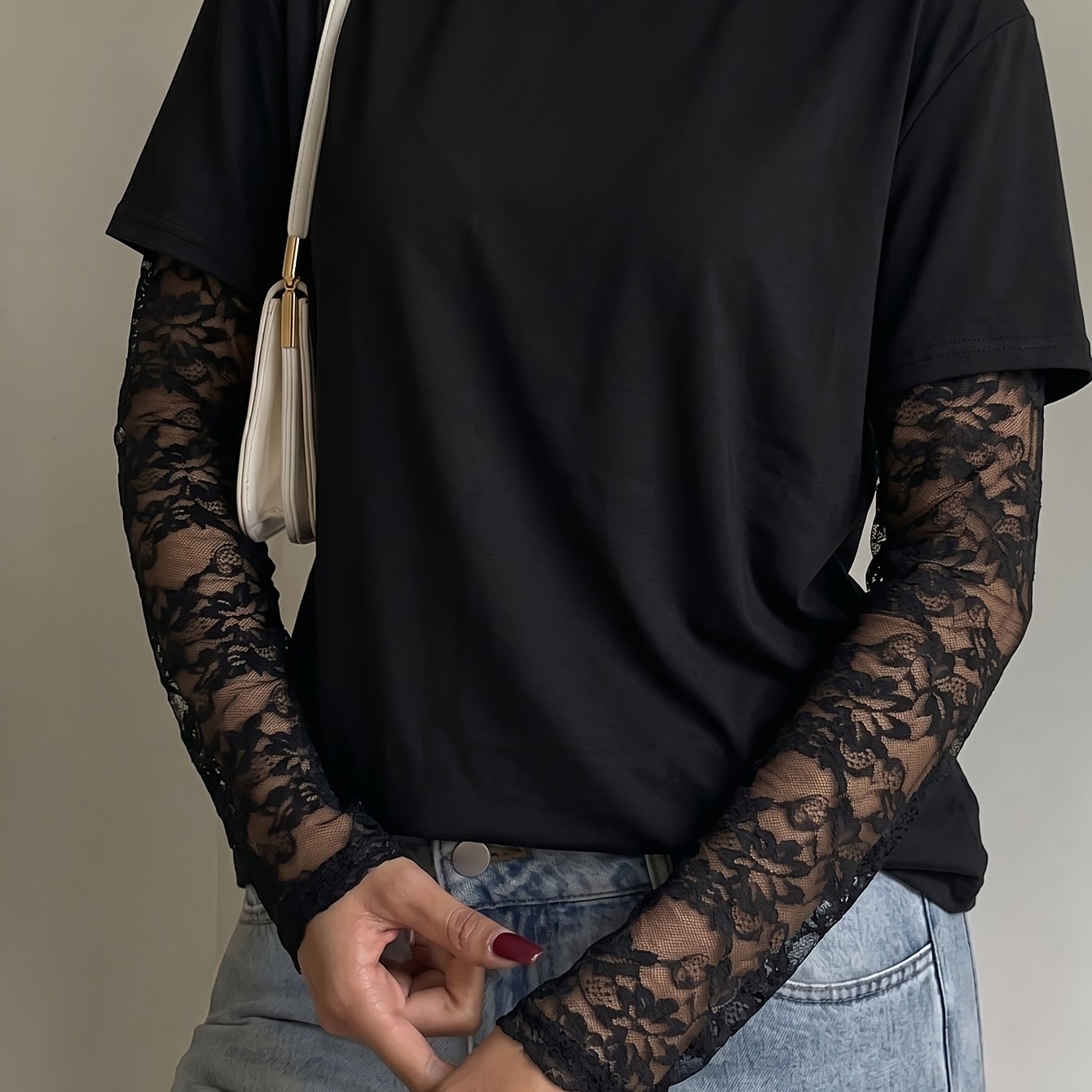 TEMU Women's Lace Sheer Long-sleeve T-shirt, Simple And Stylish Spring/autumn Loungewear, Comfortable Top