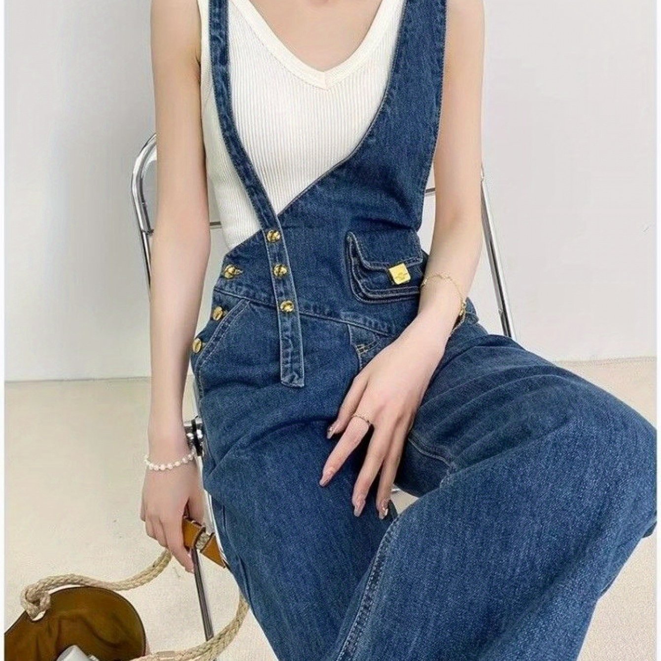 TEMU レディース ハイウエスト ワイドレッグ ジーンズスーツ - アストラップ バックレス 夏用スーツ ワイドパンツ付き 春夏秋用 カジュアル旅行＆日常着 (透け感なし) 無地 ジーンズスーツ 着やすい