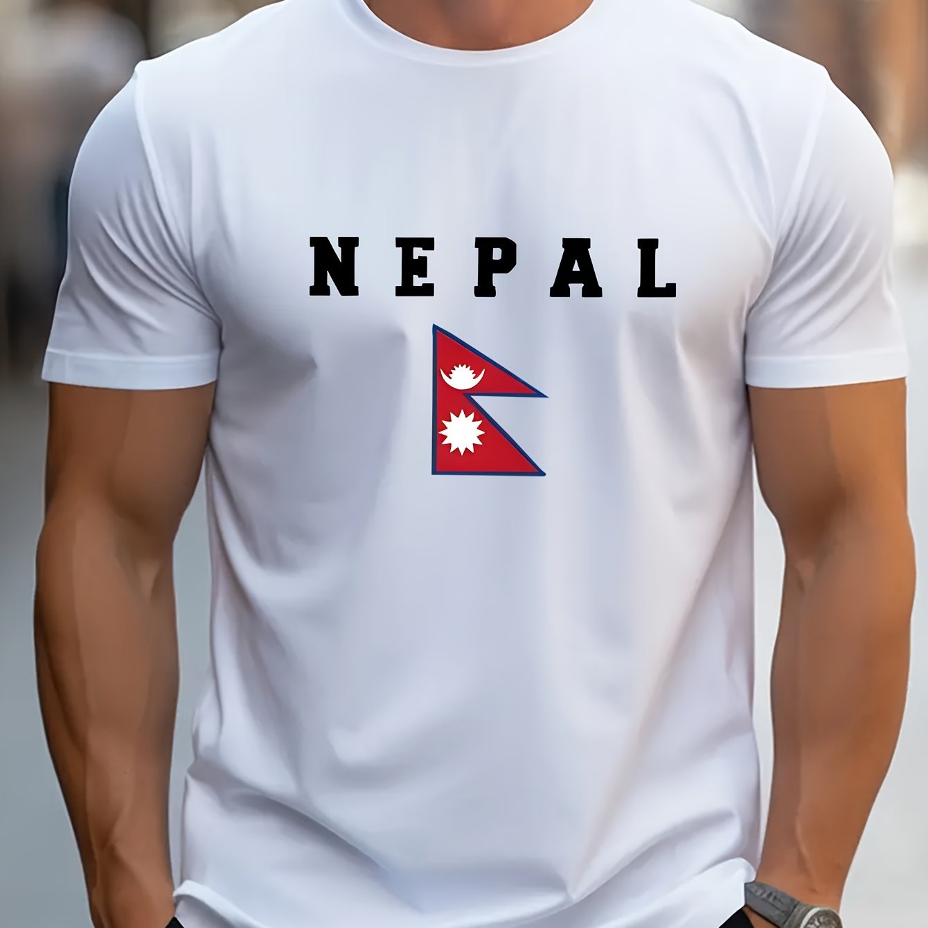 TEMU Flag Of Nepal Print, Men's Round Crew Neck Short Sleeve Tee, Casual T-shirt, Casual Comfy Lightweight Top For Summer