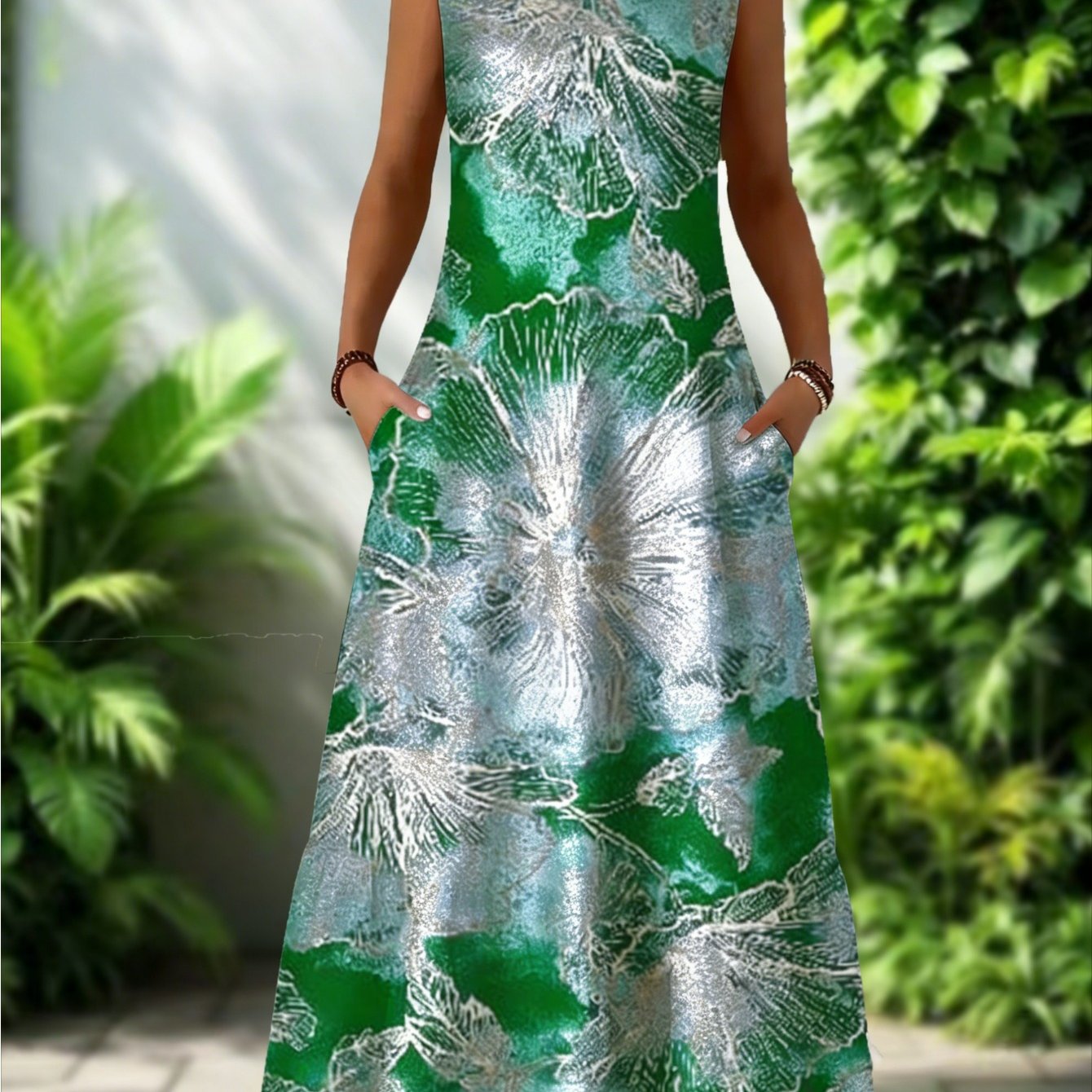 Image of Plus Size - Plus Size - Plus Size Lightweight Ladies Sleeveless Dress With Blue Flower Pattern | Casual Elegant Crew Neck, Breathable, Side Pockets, Comfortable In , Perfect For And Casual Gatherings
