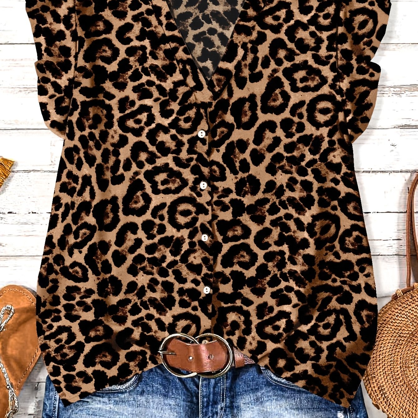 TEMU Women's Summer Lightweight Digital Printed V-neck Flying Sleeve Vest Shirt With Fake Buttons, Single Breasted Loose Top, Lightweight And