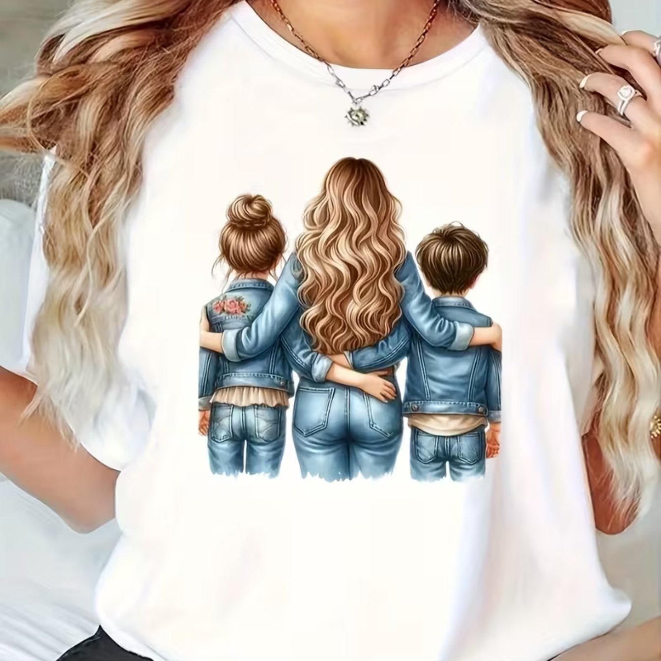 TEMU Watercolor Mother And Print T-shirt, Mom T-shirt, Mother's Day Gift, Versatile Women's Printed T-shirt For Spring And Summer, Machine Washable,